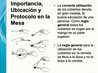 Importancia,
Ubicación y
Protocolo en la
Mesa
• La correcta utilización
de los cubiertos denota,
en gran medida, la
buena educación de una
persona. Como regla
general todos los
cubiertos se cogen por el
mango en su parte
superior.
• La regla general para la
utilización de los
cubiertos es: la comida
se lleva a la boca y no la
boca a la comida.
 