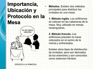 Importancia,
Ubicación y
Protocolo en la
Mesa
• Métodos. Existen dos métodos
principales para distribuir los
invitados en una mesa:
1. Método inglés. Los anfitriones
se colocan en las cabeceras de la
mesa. Muy utilizado en mesas
rectangulares.
2. Método francés. Los
anfitriones presiden la mesa
colocados en el centro de la
misma y enfrentados.
Existen otros tipos de distribución
de invitados, pero son derivados
de los anteriores y son conocidos
como sistemas híbridos.
 