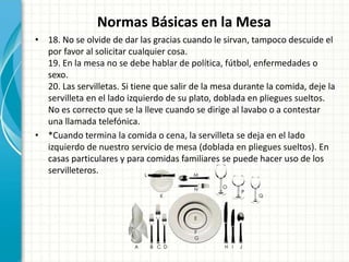 Normas Básicas en la Mesa
• 18. No se olvide de dar las gracias cuando le sirvan, tampoco descuide el
por favor al solicitar cualquier cosa.
19. En la mesa no se debe hablar de política, fútbol, enfermedades o
sexo.
20. Las servilletas. Si tiene que salir de la mesa durante la comida, deje la
servilleta en el lado izquierdo de su plato, doblada en pliegues sueltos.
No es correcto que se la lleve cuando se dirige al lavabo o a contestar
una llamada telefónica.
• *Cuando termina la comida o cena, la servilleta se deja en el lado
izquierdo de nuestro servicio de mesa (doblada en pliegues sueltos). En
casas particulares y para comidas familiares se puede hacer uso de los
servilleteros.
 