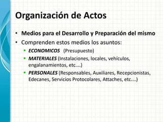 Organización de Actos
• Medios para el Desarrollo y Preparación del mismo
• Comprenden estos medios los asuntos:
 ECONOMICOS (Presupuesto)
 MATERIALES (Instalaciones, locales, vehículos,
engalanamientos, etc.…)
 PERSONALES (Responsables, Auxiliares, Recepcionistas,
Edecanes, Servicios Protocolares, Attaches, etc.…)
 