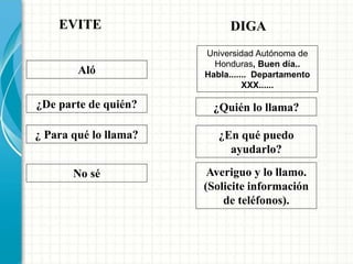 Aló
EVITE DIGA
¿De parte de quién?
¿ Para qué lo llama?
No sé
Universidad Autónoma de
Honduras, Buen día..
Habla....... Departamento
XXX......
¿Quién lo llama?
¿En qué puedo
ayudarlo?
Averiguo y lo llamo.
(Solicite información
de teléfonos).
 