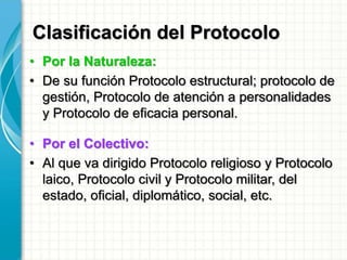 Clasificación del Protocolo
• Por la Naturaleza:
• De su función Protocolo estructural; protocolo de
gestión, Protocolo de atención a personalidades
y Protocolo de eficacia personal.
• Por el Colectivo:
• Al que va dirigido Protocolo religioso y Protocolo
laico, Protocolo civil y Protocolo militar, del
estado, oficial, diplomático, social, etc.
 