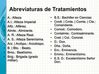 • A.: Alteza
• A.I.: Alteza Imperial
• Alfz.: Alférez.
• Almte.: Almirante.
• A. R.: Alteza Real.
• A. S.: Alteza Serenísima.
• Arz. | Arzbpo.: Arzobispo.
• B. | Bto. : Beato.
• Bmo.: Beatísimo.
• Brig.: Brigada (grado
militar).
• B.S.: Bachiller en Ciencias
• Cmdt. | Cmte. | Comte. | Cte.:
Comandante.
• Comod.: Comodoro.
• Contalmte.: Contraalmirante.
• Cnel. | Col.: Coronel.
• D.: Don.
• Dña.: Doña.
• Em.: Eminencia.
• Emmo.: Eminentísimo.
• E.S. D.: Excelentísimo Señor
Don.
Abreviaturas de Tratamientos
 