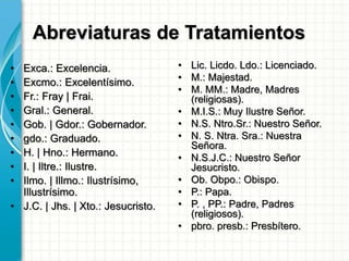 Abreviaturas de Tratamientos
• Exca.: Excelencia.
• Excmo.: Excelentísimo.
• Fr.: Fray | Frai.
• Gral.: General.
• Gob. | Gdor.: Gobernador.
• gdo.: Graduado.
• H. | Hno.: Hermano.
• I. | Iltre.: Ilustre.
• Ilmo. | Illmo.: Ilustrísimo,
Illustrísimo.
• J.C. | Jhs. | Xto.: Jesucristo.
• Lic. Licdo. Ldo.: Licenciado.
• M.: Majestad.
• M. MM.: Madre, Madres
(religiosas).
• M.I.S.: Muy Ilustre Señor.
• N.S. Ntro.Sr.: Nuestro Señor.
• N. S. Ntra. Sra.: Nuestra
Señora.
• N.S.J.C.: Nuestro Señor
Jesucristo.
• Ob. Obpo.: Obispo.
• P.: Papa.
• P. , PP.: Padre, Padres
(religiosos).
• pbro. presb.: Presbítero.
 