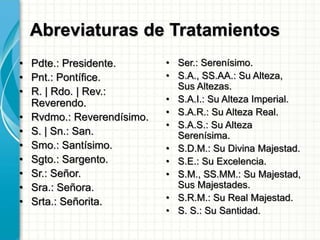 Abreviaturas de Tratamientos
• Pdte.: Presidente.
• Pnt.: Pontífice.
• R. | Rdo. | Rev.:
Reverendo.
• Rvdmo.: Reverendísimo.
• S. | Sn.: San.
• Smo.: Santísimo.
• Sgto.: Sargento.
• Sr.: Señor.
• Sra.: Señora.
• Srta.: Señorita.
• Ser.: Serenísimo.
• S.A., SS.AA.: Su Alteza,
Sus Altezas.
• S.A.I.: Su Alteza Imperial.
• S.A.R.: Su Alteza Real.
• S.A.S.: Su Alteza
Serenísima.
• S.D.M.: Su Divina Majestad.
• S.E.: Su Excelencia.
• S.M., SS.MM.: Su Majestad,
Sus Majestades.
• S.R.M.: Su Real Majestad.
• S. S.: Su Santidad.
 
