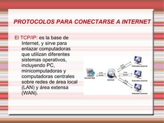 PROTOCOLOS PARA CONECTARSE A INTERNET

El TCP/IP: es la base de
   Internet, y sirve para
   enlazar computadoras
   que utilizan diferentes
   sistemas operativos,
   incluyendo PC,
   minicomputadoras y
   computadoras centrales
   sobre redes de área local
   (LAN) y área extensa
   (WAN).
 