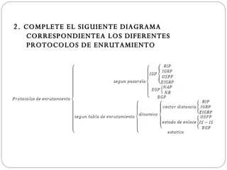 2.  COMPLETE EL SIGUIENTE DIAGRAMA CORRESPONDIENTEA LOS DIFERENTES PROTOCOLOS DE ENRUTAMIENTO 