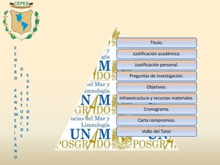 C
E
N
T
R
O
P
A
N
A
M
E
R
I
C
A
N
O
D
E
E
S
T
U
D
I
O
S
S
U
P
E
R
I
O
R
E
S
Titulo.
Justificación académica.
Justificación personal.
Preguntas de investigación.
Objetivos.
Infraestructura y recursos materiales.
Cronograma.
Carta compromiso.
VoBo del Tutor
 