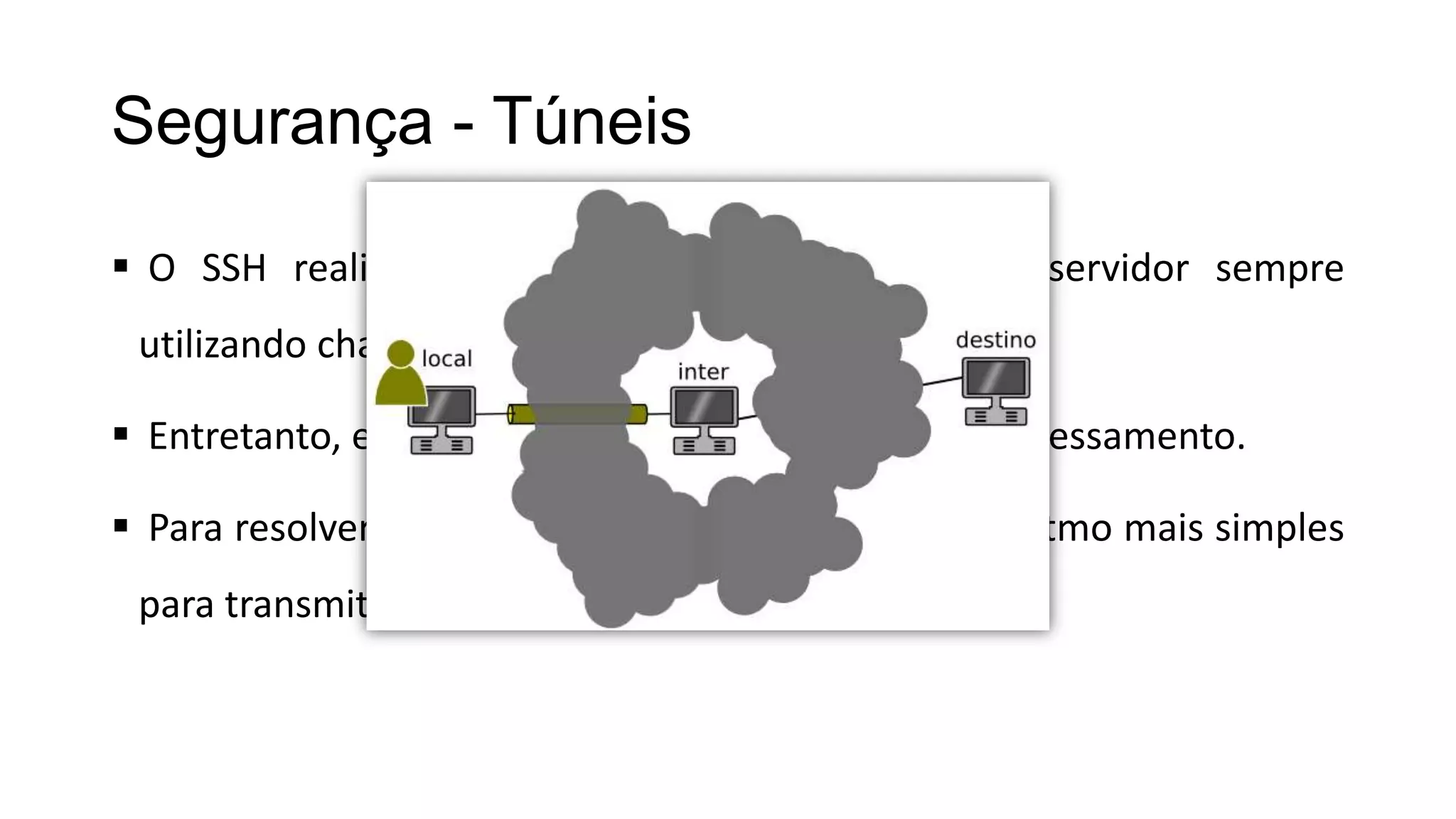 Segurança - Túneis
 O SSH realiza a conexão entre o cliente e o servidor sempre
utilizando chaves de 512 bits.
 Entretanto, ele demanda um grande volume de processamento.
 Para resolver esse problema, o SSH utiliza um algoritmo mais simples
para transmitir os dados entre o cliente e o servidor.
 
