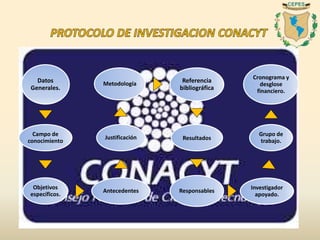 Datos
Generales.
Campo de
conocimiento
Objetivos
específicos.
Antecedentes
Justificación
Metodología Referencia
bibliográfica
Resultados
Responsables
Investigador
apoyado.
Grupo de
trabajo.
Cronograma y
desglose
financiero.
 