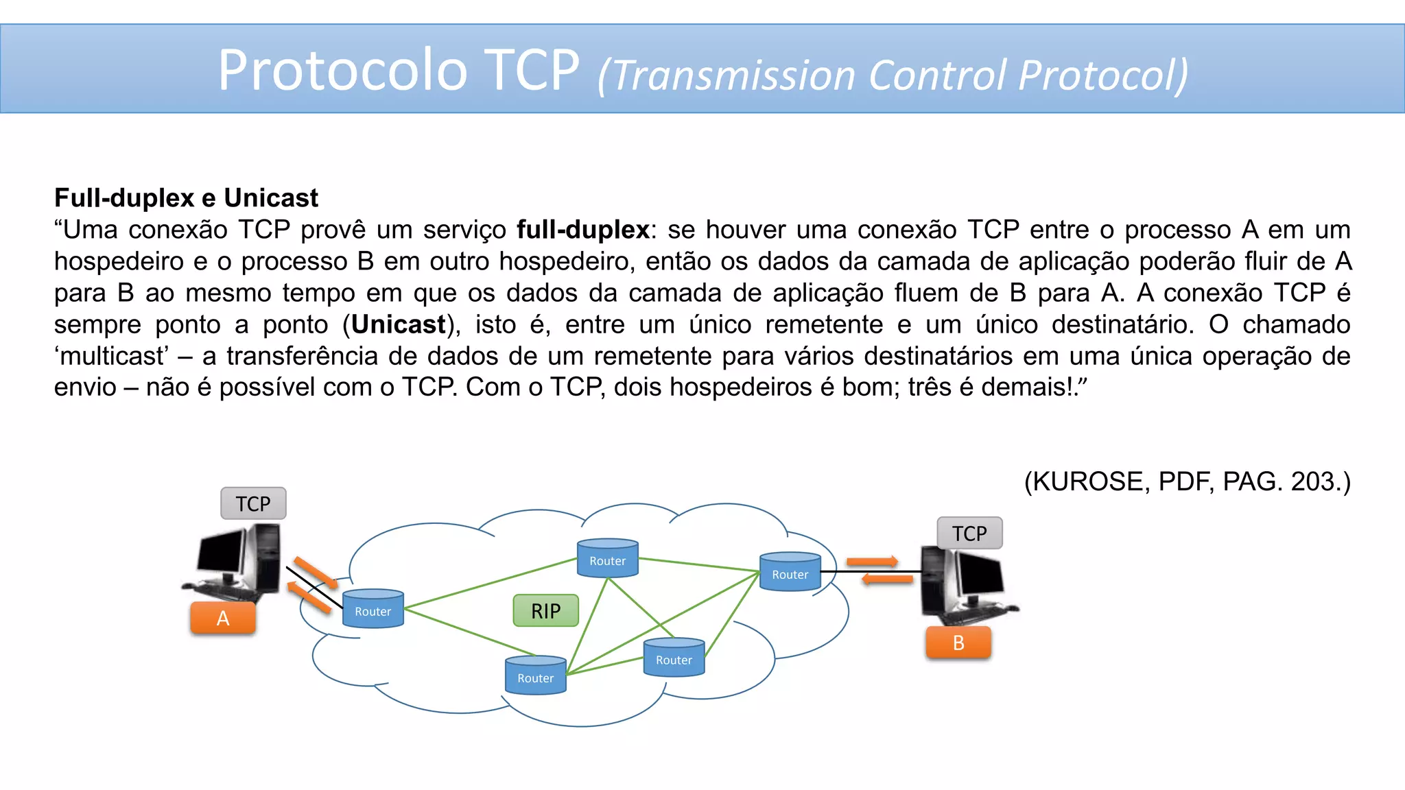 Protocolo TCP (Transmission Control Protocol)
Full-duplex e Unicast
“Uma conexão TCP provê um serviço full-duplex: se houver uma conexão TCP entre o processo A em um
hospedeiro e o processo B em outro hospedeiro, então os dados da camada de aplicação poderão fluir de A
para B ao mesmo tempo em que os dados da camada de aplicação fluem de B para A. A conexão TCP é
sempre ponto a ponto (Unicast), isto é, entre um único remetente e um único destinatário. O chamado
„multicast‟ – a transferência de dados de um remetente para vários destinatários em uma única operação de
envio – não é possível com o TCP. Com o TCP, dois hospedeiros é bom; três é demais!.”

(KUROSE, PDF, PAG. 203.)

TCP
TCP
Router
Router

A

Router

RIP
Router
Router

B

 