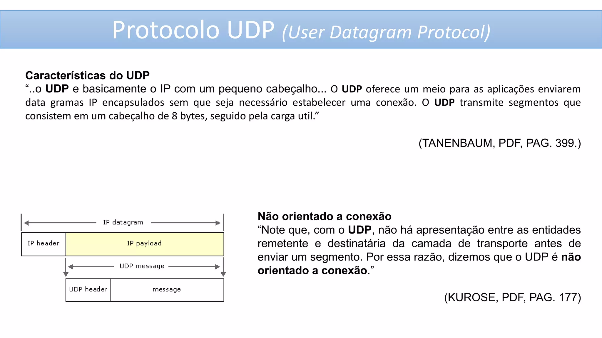 Protocolo UDP (User Datagram Protocol)
Características do UDP
“..o UDP e basicamente o IP com um pequeno cabeçalho... O UDP oferece um meio para as aplicações enviarem
data gramas IP encapsulados sem que seja necessário estabelecer uma conexão. O UDP transmite segmentos que
consistem em um cabeçalho de 8 bytes, seguido pela carga util.”

(TANENBAUM, PDF, PAG. 399.)

Não orientado a conexão
“Note que, com o UDP, não há apresentação entre as entidades
remetente e destinatária da camada de transporte antes de
enviar um segmento. Por essa razão, dizemos que o UDP é não
orientado a conexão.”
(KUROSE, PDF, PAG. 177)

 