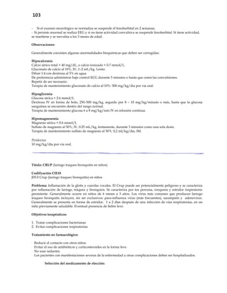 103
- Si el examen neurológico se normaliza se suspende el fenobarbital en 2 semanas.
- Si persiste anormal se realiza EEG y si no tiene actividad convulsiva se suspende fenobarbital. Si tiene actividad,
se mantiene y se reevalúa a los 3 meses de edad.
Observaciones:
Generalmente coexisten algunas anormalidades bioquímicas que deben ser corregidas:
Hipocalcemia
Calcio sérico total > 40 mg/dL, o calcio ionizado < 0.7 mmol/L.
Gluconato de calcio al 10%, IV, 1–2 mL/kg. Lento.
Diluir 1:4 con dextrosa al 5% en agua.
De preferencia administrar bajo control ECG durante 5 minutos o hasta que cesen las convulsiones.
Repetir de ser necesario.
Terapia de mantenimiento gluconato de calcio al 10%: 500 mg/kg/día por vía oral.
Hipoglicemia
Glucosa sérica < 2.6 mmol/L
Dextrosa IV en forma de bolo, 250–500 mg/kg, seguido por 8 – 10 mg/kg/minuto o más, hasta que la glucosa
sanguínea se encuentre dentro del rango normal.
Terapia de mantenimiento glucosa 6 a 8 mg/kg/min IV en infusión continua.
Hipomagnesemia
Magnesio sérico < 0.6 mmol/L
Sulfato de magnesio al 50%, IV, 0.25 mL/kg, lentamente, durante 3 minutos como una sola dosis.
Terapia de mantenimiento sulfato de magnesio al 50%: 0,2 ml/kg/día, IM.
Piridoxina
10 mg/kg/día por vía oral.
Título: CRUP (laringo traqueo bronquitis en niños)
Codificación CIE10
J05.0 Crup (laringo traqueo bronquitis) en niños
Problema: Inflamación de la glotis y cuerdas vocales. El Crup puede ser potencialmente peligroso y se caracteriza
por inflamación de laringe, tráquea y bronquios. Se caracteriza por tos perruna, ronquera y estridor inspiratorio
persistente. Generalmente ocurre en niños de 6 meses a 3 años. Los virus más comunes que producen laringo
traqueo bronquitis incluyen, sin ser exclusivos: para-influenza virus (más frecuentes), sarampión y adenovirus.
Generalmente se presenta en forma de estridor, 1 a 2 días después de una infección de vías respiratorias, en un
niño previamente saludable. Eventual presencia de fiebre leve.
Objetivos terapéuticos:
1. Tratar complicaciones bacterianas
2. Evitar complicaciones respiratorias
Tratamiento no farmacológico:
- Reducir el contacto con otros niños.
- Evitar el uso de antibióticos y corticosteroides en la forma leve.
- No usar sedantes.
- Los pacientes con manifestaciones severas de la enfermedad u otras complicaciones deben ser hospitalizados.
Selección del medicamento de elección:
 