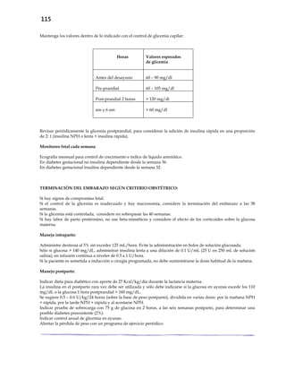 115
Mantenga los valores dentro de lo indicado con el control de glicemia capilar:
Horas Valores esperados
de glicemia
Antes del desayuno 60 – 90 mg/dl
Pre-prandial 60 – 105 mg/dl
Post-prandial 2 horas > 120 mg/dl
am y 6 am > 60 mg/dl
Revisar periódicamente la glicemia postprandial, para considerar la adición de insulina rápida en una proporción
de 2: 1 (insulina NPH o lenta + insulina rápida).
Monitoreo fetal cada semana:
Ecografía mensual para control de crecimiento e índice de líquido amniótico.
En diabetes gestacional no insulina dependiente desde la semana 36.
En diabetes gestacional insulina dependiente desde la semana 32.
TERMINACIÓN DEL EMBARAZO SEGÚN CRITERIO OBSTÉTRICO:
Si hay signos de compromiso fetal.
Si el control de la glicemia es inadecuado y hay macrosomía, considere la terminación del embarazo a las 38
semanas.
Si la glicemia está controlada, considere no sobrepasar las 40 semanas.
Si hay labor de parto pretérmino, no use beta-miméticos y considere el efecto de los corticoides sobre la glucosa
materna.
Manejo intraparto:
Administre dextrosa al 5% sin exceder 125 mL/hora. Evite la administración en bolos de solución glucosada.
Sólo si glucosa > 140 mg/dL, administrar insulina lenta a una dilución de 0.1 U/mL (25 U en 250 mL de solución
salina), en infusión continua a niveles de 0.5 a 1 U/hora.
Si la paciente es sometida a inducción o cirugía programada, no debe suministrarse la dosis habitual de la mañana.
Manejo postparto:
Indicar dieta para diabético con aporte de 27 Kcal/kg/día durante la lactancia materna.
La insulina en el postparto rara vez debe ser utilizada y sólo debe indicarse si la glucosa en ayunas excede los 110
mg/dL o la glucosa 1 hora postprandial > 160 mg/dL.
Se sugiere 0.5 – 0.6 U/kg/24 horas (sobre la base de peso postparto), dividida en varias dosis: por la mañana NPH
+ rápida, por la tarde NPH + rápida y al acostarse NPH.
Indicar prueba de sobrecarga con 75 g de glucosa en 2 horas, a las seis semanas postparto, para determinar una
posible diabetes preexistente (2%).
Indicar control anual de glicemia en ayunas.
Alentar la pérdida de peso con un programa de ejercicio periódico.
 