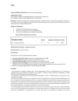 116
Título: DIABETES MELLITUS (tipo 1) insulino-dependiente
Codificación CIE 10
E10.9 diabetes mellitus insulinodependiente sin mención de complicación
E10.1 diabetes mellitus insulinodependiente con cetoacidosis
Problema: También conocida como insulino–dependiente o diabetes infanto- juvenil. Su prevalencia es inferior al
5% de todos los casos de diabetes. Es producida por deficiencia absoluta en la producción de insulina, por inmuno-
destrucción de las células ß del páncreas.
Objetivos terapéuticos:
1. Controlar los niveles de glucosa en sangre
2. Prevenir la cetoacidosis y el coma hipoglicémico
3. Prevenir las complicaciones vasculares a largo plazo
Selección del medicamento de elección:
Principios activos Eficacia Seguridad Conveniencia Niveles
1 Insulina parenteral +++ +++ +++ 1-2-3
Medicamento de elección - condiciones de uso:
Principio activo: insulina parenteral
Presentación:
Se dispone de 4 tipos de preparaciones de insulina:
 de acción ultra rápida, lispro/suspensión inyectable 100 UI/mL. NR*
 de acción rápida, solución/suspensión inyectable 100 UI/mL
 de acción intermedia NPH, solución/suspensión inyectable 100 UI/mL
 glargina de acción prolongada, solución/suspensión inyectable 100 UI/mL. NR*
Frascos de 10 mL, con 100 unidades por mililitro. La concentración estándar de insulina es de 100 U/ml.
 NR* No se encuentra registrado en la novena edición del CNMB.
Posología:
- Todo paciente con diabetes mellitus tipo 1 recién diagnosticada, debe ser hospitalizado aún en ausencia de
complicaciones, para enseñarle el manejo de la insulina y la dieta en forma minuciosa. Idealmente, se debe
administrar insulina humana, altamente purificada.
- La insulina es inactivada por las enzimas gastrointestinales y debe ser administrada por inyección; la ruta
subcutánea es la mejor.
- La dosis de insulina necesaria para un adecuado control de la glicemia en un paciente estable, ambulatorio es de
0.5 a 1 U/kg/día. Una dosis de prueba de 0.4 U. se ensaya inicialmente, después la dosis se ajusta de acuerdo a la
determinación de la glicemia. Sobre estas bases puede darse una dosis inicial que luego puede ser ajustada según
evolución de la glicemia. Dosis más elevadas pueden ser necesarias en caso de pacientes obesos, adolescentes, en la
parte final del embarazo y en pacientes resistentes a la acción de la insulina.
- La insulinoterapia convencional se realiza con una mezcla de insulinas de acción corta (1/3) y acción intermedia
(2/3), dos tercios del total antes del desayuno y un tercio antes de la cena, 8 unidades dos veces al día como dosis
inicial para ambulatorios. La proporción de la acción corta puede ser aumentada en aquellos con excesiva
 