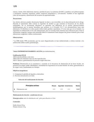 135
náusea, vómito, dolor abdominal, diarrea y pérdida de peso. Los síntomas del SNC y periférico son polineuropatías
y parestesias, insomnio, inquietud, cefalea, trastornos psiquiátricos y convulsiones. También se han registrado
casos de leucopenia y disminución del recuento de espermatozoides.
Precauciones:
Los efectos adversos pueden disminuirse bajando la dosis y son reversibles con la descontinuación de la droga.
Durante el tratamiento debe evitarse la ingestión de alcohol ya que aumenta la frecuencia de los efectos
indeseables. No se recomienda nifurtimox en pacientes con deficiencia de la enzima glucosa-6-fosfato
deshidrogenasa, por la anemia hemolítica que produce; en el Ecuador 11.2 % de afroamericanos tiene esta
deficiencia. El nifurtimox en niños puede inducir daño genético espontáneo, 13 veces más que en no tratados. La
seguridad en embarazadas no ha sido determinada, pero se aconseja tratar mientras haya tolerancia para evitar la
transmisión congénita, aunque sería preferible diferir el tratamiento hasta después del primer trimestre para evitar
alteraciones congénitas o daños cromosomales.
Observaciones:
* La OMS desde 1998 recomienda, que los casos diagnosticados en fase indeterminada y crónica reciente y los
adolescentes deben recibir quimioterapia.
Título: ENFERMEDAD DIARREICA AGUDA (sin deshidratación)
Codificación CIE 10:
A08.0 enteritis debida a rota virus
A08.4 infección intestinal viral, sin otra especificación
A09.X diarrea y gastroenteritis de presunto origen infeccioso
Problema: Disminución en la consistencia y aumento en la frecuencia de eliminación de las heces fecales, sin
presencia de sangre visible. Morbilidad y mortalidad de importancia en la edad infantil. En niños, generalmente es
de origen viral y autolimitada en el tiempo.
Objetivos terapéuticos:
1. Compensar la pérdida de líquidos y electrolitos
2. Prevenir desnutrición en el niño
Selección del medicamento de elección:
Principios activos Eficacia Seguridad Conveniencia Niveles
1 Hidratación oral +++ +++ +++ 1-2-3
Medicamento de elección - condiciones de uso:
Principio activo: sales de rehidratación oral - polvo para dilución en 1 litro
Contenido:
Sodio cloruro 2.6 g.
Potasio cloruro 1.5 g.
 
