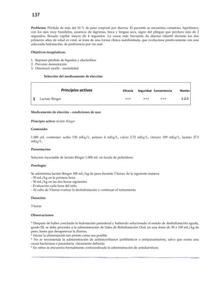 137
Problema: Pérdida de más del 10 % de peso corporal por diarrea. El paciente se encuentra comatoso, hipotónico,
con los ojos muy hundidos, ausencia de lágrimas, boca y lengua seca, signo del pliegue que perdura más de 2
segundos, llenado capilar mayor de 4 segundos. La causa más frecuente de diarrea infantil durante los dos
primeros años de edad es viral, se trata de una forma clínica autolimitada, que evoluciona positivamente con una
adecuada hidratación, de preferencia por vía oral.
Objetivos terapéuticos:
1. Reponer pérdida de líquidos y electrolitos
2. Prevenir desnutrición
3. Disminuir morbi - mortalidad
Selección del medicamento de elección:
Principios activos Eficacia Seguridad Conveniencia Niveles
1 Lactato Ringer +++ +++ +++ 1-2-3
Medicamento de elección - condiciones de uso:
Principio activo: lactato Ringer
Contenido:
1.000 mL contienen: sodio 130 mEq/L, potasio 4 mEq/L, calcio 2.72 mEq/L, cloruro 109 mEq/L, lactato 27.5
mEq/L.
Presentación:
Solución inyectable de lactato Ringer 1.000 mL en funda de polietileno.
Posología:
Se administra lactato Ringer 100 mL/kg de peso durante 3 horas, de la siguiente manera:
- 50 mL/kg en la primera hora
- 50 mL/kg en las dos horas siguientes
- Evaluación cada hora del niño
- Al cabo de 3 horas evaluar la deshidratación y continuar el tratamiento
Duración:
3 horas
Observaciones:
* Después de haber concluido la hidratación parenteral y habiendo solucionado el estado de deshidratación aguda,
grado III, se debe proceder a la administración de Sales de Rehidratación Oral, en una dosis de 50 a 100 mL/kg de
peso, hasta que desaparezca la diarrea.
* Iniciar la alimentación tan pronto como sea posible.
* No se recomienda la administración de antimicrobianos (antibióticos o antiparasitarios), salvo que exista una
causa bacteriana o parasitaria, claramente definida.
* En niños se encuentra formalmente contraindicada la administración de antidiarréicos.
 