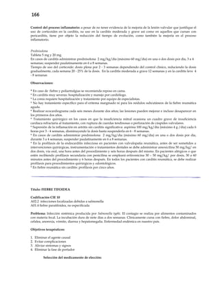 166
Control del proceso inflamatorio: a pesar de no tener evidencia de la mejoría de la lesión valvular que justifique el
uso de corticoides en la carditis, su uso en la carditis moderada y grave así como en aquellos que cursan con
pericarditis, tiene por objeto la reducción del tiempo de evolución, como también la mejoría en el proceso
inflamatorio.
Prednisolona
Tableta 5 mg y 20 mg.
En casos de carditis administrar prednisolona 2 mg/kg/día (máximo 60 mg/día) en una o dos dosis por día, 3 a 4
semanas; suspender paulatinamente en 6 a 8 semanas.
Tiempo de uso del corticoide: dosis plena por 2 - 3 semanas dependiendo del control clínico, reduciendo la dosis
gradualmente, cada semana 20 - 25% de la dosis. En la carditis moderada a grave 12 semanas y en la carditis leve 4
- 8 semanas
Observaciones:
* En caso de fiebre y poliartralgias se recomienda reposo en cama.
* En carditis muy severas: hospitalización y manejo por cardiólogo.
* La corea requiere hospitalización y tratamiento por equipo de especialistas.
* No hay tratamiento específico para el eritema marginado ni para los nódulos subcutáneos de la fiebre reumática
aguda.
* Realizar ecocardiograma cada seis meses durante dos años; las lesiones pueden mejorar e incluso desaparecer en
los primeros dos años.
* Tratamiento quirúrgico en los casos en que la insuficiencia mitral ocasiona un cuadro grave de insuficiencia
cardíaca refractaria al tratamiento, con ruptura de cuerdas tendinosas o perforación de cúspides valvulares.
* Supresión de la inflamación en artritis sin carditis significativa: aspirina 100 mg/kg/día (máximo 4 g /día) cada 6
horas por 3 - 4 semanas, disminuyendo la dosis hasta suspenderla en 6 - 8 semanas.
* En casos de carditis administrar prednisolona 2 mg/kg/día (máximo 60 mg/día) en una o dos dosis por día,
durante 3 a 4 semanas; suspender paulatinamente en 6 a 8 semanas.
* En la profilaxis de la endocarditis infecciosa en pacientes con valvulopatía reumática, antes de ser sometidos a
intervenciones quirúrgicas, instrumentación o tratamientos dentales se debe administrar amoxicilina 50 mg/kg/ en
dos dosis, vía oral, una hora antes del procedimiento y seis horas después del mismo. En pacientes alérgicos o que
estén recibiendo profilaxis secundaria con penicilina se empleará eritromicina 30 – 50 mg/kg/ por dosis, 30 a 60
minutos antes del procedimiento y 6 horas después. En todos los pacientes con carditis reumática, se debe realizar
profilaxis para procedimientos quirúrgicos y odontológicos.
* En fiebre reumática sin carditis: profilaxis por cinco años.
Título: FIEBRE TIFOIDEA
Codificación CIE 10
A02.2 infecciones localizadas debidas a salmonella
A01.4 fiebre paratifoidea, no especificada
Problema: Infección sistémica producida por Salmonella typhi. El contagio se realiza por alimentos contaminados
con materia fecal. La incubación dura de siete días a dos semanas. Clínicamente cursa con fiebre, dolor abdominal,
cefalea, anorexia, vómito, diarrea y hepatomegalia. Enfermedad endémica en nuestro país.
Objetivos terapéuticos:
1. Eliminar el agente causal
2. Evitar complicaciones
3. Aliviar síntomas y signos
4. Eliminar la fase de portador
Selección del medicamento de elección:
 