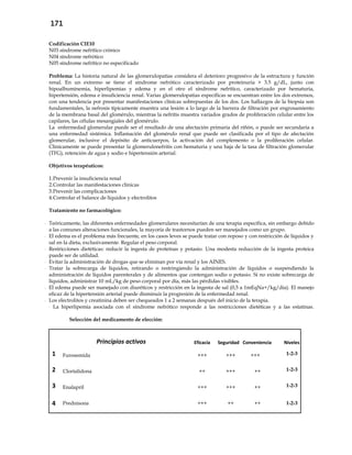171
Codificación CIE10
N03 síndrome nefrítico crónico
N04 síndrome nefrótico
N05 síndrome nefrítico no especificado
Problema: La historia natural de las glomerulopatias considera el deterioro progresivo de la estructura y función
renal. En un extremo se tiene el síndrome nefrótico caracterizado por proteinuria > 3.5 g/dL, junto con
hipoalbuminemia, hiperlipemias y edema y en el otro el síndrome nefrítico, caracterizado por hematuria,
hipertensión, edema e insuficiencia renal. Varias glomerulopatias específicas se encuentran entre los dos extremos,
con una tendencia por presentar manifestaciones clínicas sobrepuestas de los dos. Los hallazgos de la biopsia son
fundamentales, la nefrosis típicamente muestra una lesión a lo largo de la barrera de filtración por engrosamiento
de la membrana basal del glomérulo, mientras la nefritis muestra variados grados de proliferación celular entre los
capilares, las células mesangiales del glomérulo.
La enfermedad glomerular puede ser el resultado de una afectación primaria del riñón, o puede ser secundaria a
una enfermedad sistémica. Inflamación del glomérulo renal que puede ser clasificada por el tipo de afectación
glomerular, inclusive el depósito de anticuerpos, la activación del complemento o la proliferación celular.
Clínicamente se puede presentar la glomerulonefritis con hematuria y una baja de la tasa de filtración glomerular
(TFG), retención de agua y sodio e hipertensión arterial.
Objetivos terapéuticos:
1.Prevenir la insuficiencia renal
2.Controlar las manifestaciones clínicas
3.Prevenir las complicaciones
4.Controlar el balance de líquidos y electrolitos
Tratamiento no farmacológico:
- Teóricamente, las diferentes enfermedades glomerulares necesitarían de una terapia específica, sin embargo debido
a las comunes alteraciones funcionales, la mayoría de trastornos pueden ser manejados como un grupo.
- El edema es el problema más frecuente, en los casos leves se puede tratar con reposo y con restricción de líquidos y
sal en la dieta, exclusivamente. Regular el peso corporal.
- Restricciones dietéticas: reducir la ingesta de proteínas y potasio. Una modesta reducción de la ingesta proteica
puede ser de utilidad.
- Evitar la administración de drogas que se eliminan por vía renal y los AINES.
- Tratar la sobrecarga de líquidos, retirando o restringiendo la administración de líquidos o suspendiendo la
administración de líquidos parenterales y de alimentos que contengan sodio o potasio. Si no existe sobrecarga de
líquidos, administrar 10 mL/kg de peso corporal por día, más las pérdidas visibles.
- El edema puede ser manejado con diuréticos y restricción en la ingesta de sal (0,5 a 1mEqNa+/kg/día). El manejo
eficaz de la hipertensión arterial puede disminuir la progresión de la enfermedad renal.
- Los electrolitos y creatinina deben ser chequeados 1 a 2 semanas después del inicio de la terapia.
- La hiperlipemia asociada con el síndrome nefrótico responde a las restricciones dietéticas y a las estatinas.
Selección del medicamento de elección:
Principios activos Eficacia Seguridad Conveniencia Niveles
1 Furosemida +++ +++ +++ 1-2-3
2 Clortalidona ++ +++ ++ 1-2-3
3 Enalapril +++ +++ ++ 1-2-3
4 Prednisona +++ ++ ++ 1-2-3
 