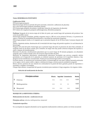 182
Título: HEMORRAGIA POSTPARTO
Codificación CIE10
072 hemorragias postparto
072 0 hemorragia del tercer período del parto (asociada a retención o adherencia de placenta)
072 1 otras hemorragias postparto inmediatas (atonía)
072 2 hemorragia postparto secundaria o tardía (por retención de fragmentos de placenta)
072 3 defecto de coagulación postparto (afibrinogenemia, fibrinólisis postparto)
Problema: Sangrado de la tercera etapa de la labor de parto, que sucede luego del nacimiento del producto. Son
varias las posibles causas:
Hemorragia postparto inmediata: pérdida sanguínea mayor a 500 mL en las primeras 24 horas, o la presencia de
signos y síntomas de inestabilidad hemodinámica o necesidad de transfusión sanguínea.
Hemorragia postparto tardía, es el sangrado que se presenta después de las 24 horas hasta 6 semanas después del
parto.
Atonía o hipotonía uterina: disminución de la tonicidad del útero luego del período expulsivo, la cual determina la
hemorragia.
Desgarro del canal del parto: hemorragia que se presenta luego del parto en presencia de útero bien contraído, el
sangrado suele ser de menor cuantía, pero constante, de sangre más roja; puede comenzar después del expulsivo y
antes o después del alumbramiento.
Retención de placenta: alumbramiento placentario que no ocurre luego de 30 minutos postparto, con abundante
sangrado, pese a realizar manejo activo de la tercera etapa de labor de parto.
Retención de fragmentos placentarios: alumbramiento placentario incompleto que provoca sangrado uterino
persistente; en la inspección de la placenta se evidencia ausencia de porciones en la superficie materna o hay
desgarros de las membranas vascularizadas. Puede provocar hemorragia tardía en el postparto.
Eversión uterina: se caracteriza por la presencia (junto a la hemorragia) de una masa violácea haciendo protrusión
en la vagina o cérvix, junto a dolor y signos o síntomas de choque, excesivas para la cantidad de sangrado.
Rotura uterina: presencia de una solución de continuidad en la pared del útero gestante; puede ser espontánea o
traumática, completa o incompleta.
Choque hipovolémico: incapacidad del aparato circulatorio para mantener el riego sanguíneo a los órganos vitales.
Selección del medicamento de elección:
Principios activos Eficacia Seguridad Conveniencia Niveles
1 Oxitocina +++ +++ +++ 1-2-3
2 Metilergometrina +++ ++ ++ 1-2-3
3 Misoprostol +++ +++ +++ 1-2-3
MANEJO DE LA HIPOTONÍA UTERINA:
Medicamentos de elección - condiciones de uso:
Principios activos: oxitocina, metilergometrina, misoprostol
Tratamiento específico:
Si se acompaña de sangrado abundante use los siguientes medicamentos oxitócicos, juntos o en forma secuencial:
 