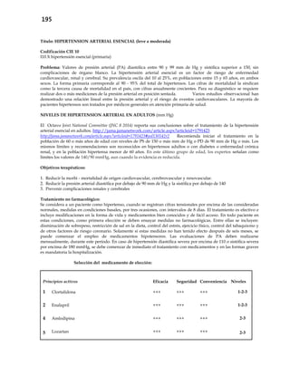 195
Título: HIPERTENSION ARTERIAL ESENCIAL (leve a moderada)
Codificación CIE 10
I10.X hipertensión esencial (primaria)
Problema: Valores de presión arterial (PA) diastólica entre 90 y 99 mm de Hg y sistólica superior a 150, sin
complicaciones de órgano blanco. La hipertensión arterial esencial es un factor de riesgo de enfermedad
cardiovascular, renal y cerebral. Su prevalencia oscila del 10 al 25%, en poblaciones entre 15 y 65 años, en ambos
sexos. La forma primaria corresponde al 90 - 95% del total de hipertensos. Las cifras de mortalidad la sindican
como la tercera causa de mortalidad en el país, con cifras anualmente crecientes. Para su diagnóstico se requiere
realizar dos o más mediciones de la presión arterial en posición sentada. Varios estudios observacional han
demostrado una relación lineal entre la presión arterial y el riesgo de eventos cardiovasculares. La mayoría de
pacientes hipertensos son tratados por médicos generales en atención primaria de salud.
NIVELES DE HIPERTENSION ARTERIAL EN ADULTOS (mm Hg)
El Octavo Joint National Committee (JNC 8 2014) reporta sus conclusiones sobre el tratamiento de la hipertensión
arterial esencial en adultos. http://jama.jamanetwork.com/article.aspx?articleid=1791423
http://jama.jamanetwork.com/article.aspx?articleid=1791423#jed130142r2 Recomienda iniciar el tratamiento en la
población de 60 o más años de edad con niveles de PS de 150 o más mm de Hg o PD de 90 mm de Hg o más. Los
mismos límites y recomendaciones son reconocidos en hipertensos adultos o con diabetes o enfermedad crónica
renal, y en la población hipertensa menor de 60 años. En este último grupo de edad, los expertos señalan como
límites los valores de 140/90 mmHg, aun cuando la evidencia es reducida.
Objetivos terapéuticos:
1. Reducir la morbi - mortalidad de origen cardiovascular, cerebrovascular y renovascular.
2. Reducir la presión arterial diastólica por debajo de 90 mm de Hg y la sistólica por debajo de 140
3. Prevenir complicaciones renales y cerebrales
Tratamiento no farmacológico:
Se considera a un paciente como hipertenso, cuando se registran cifras tensionales por encima de las consideradas
normales, medidas en condiciones basales, por tres ocasiones, con intervalos de 8 días. El tratamiento es efectivo e
incluye modificaciones en la forma de vida y medicamentos bien conocidos y de fácil acceso. En todo paciente en
estas condiciones, como primera elección se deben ensayar medidas no farmacológicas. Entre ellas se incluyen:
disminución de sobrepeso, restricción de sal en la dieta, control del estrés, ejercicio físico, control del tabaquismo y
de otros factores de riesgo coronario. Solamente si estas medidas no han tenido efecto después de seis meses, se
puede comenzar el empleo de medicamentos hipotensores. Las evaluaciones de PA deben realizarse
mensualmente, durante este período. En caso de hipertensión diastólica severa por encima de 110 o sistólica severa
por encima de 180 mmHg, se debe comenzar de inmediato el tratamiento con medicamentos y en las formas graves
es mandatoria la hospitalización.
Selección del medicamento de elección:
Principios activos Eficacia Seguridad Conveniencia Niveles
1 Clortalidona +++ +++ +++ 1-2-3
2 Enalapril +++ +++ +++ 1-2-3
4 Amlodipina +++ +++ +++ 2-3
5 Lozartan +++ +++ +++ 2-3
 