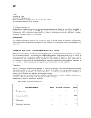213
Morfina
Ampollas de 10 mg.
Posología IV, 1–2 mg/minuto.
Diluir una ampolla de 10 mg en 10 mL de solución salina normal.
Repetir después de 4 horas de ser necesario.
Atenolol
50-200 mg, vía oral, cada día.
Los bloqueantes β-adrenérgicos reducen el riesgo de isquemia recurrente, infarto de miocardio y mortalidad en
pacientes con angina inestable o NSTEMI, por reducir el consumo miocárdico de oxígeno y deben ser
administrados salvo contraindicaciones expresas. La meta del tratamiento es reducir la frecuencia cardíaca a
60/minuto y la presión sistólica a 90-100 mmHg.
Observaciones:
Los AINES se encuentran asociados con un elevado riesgo de muerte, infarto de miocardio, hipertensión e
insuficiencia cardíaca; deben ser descontinuados en estos pacientes. El paracetamol es una alternativa para este tipo
de pacientes.
INFARTO DE MIOCARDIO / ELEVACION DEL SEGMENTO ST (STEMI)
Dolor precordial producido por oclusión completa y prolongada de una arteria coronaria epicárdica, la oclusión es
más frecuentemente debida a la ruptura de una placa aterosclerótica y la subsecuente formación de un trombo. Se
presenta elevación de biomarcadores cardiacos y elevación del segmento ST superior a 1 mV en al menos 2
derivaciones en el ECG, o un bloqueo de rama izquierdo, una forma de bloqueo cardíaco en que la estimulación de
los ventrículos es interrumpida en una de las ramas del haz de His, impidiendo la despolarización simultánea de
los 2 ventrículos y determinando la activación y contracción retardadas del ventrículo izquierdo.
Tratamiento:
Debe ser iniciado tan pronto como se sospeche el diagnóstico, debido a que la mortalidad está directamente
relacionada con el tiempo de isquemia. Cuando no se dispone de facilidades para coronariografía percutánea, se
debe realizar terapia trombolítica y transferencia inmediata a un centro especializado. La meta inmediata es la
identificación de pacientes para la terapia de reperfusión coronaria.
Las medidas generales incluyen el monitoreo cuidadoso, administración de oxígeno, ventilación mecánica de ser
necesario y reducción farmacológica de la demanda miocárdica de oxígeno.
Dos catéteres IV deben ser instalados de inmediato.
Selección del medicamento de elección:
Principios activos Eficacia Seguridad Conveniencia Niveles
1 Estreptoquinasa +++ ++ +++ 2-3
2 Ácido acetilsalicílico +++ +++ +++ 1-2-3
3 Clopidogrel +++ ++ +++ 2-3
4 Dinitrato de isosorbida +++ ++ + ++ 2-3
 