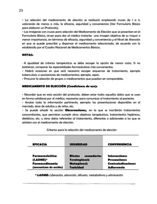 23
- La selección del medicamento de elección se realizará empleando cruces de 1 a 3,
valorando de menos a más, la eficacia, seguridad y conveniencia (Ver Formulario Básico
para elaborar un Protocolo).
- Las imágenes con cruces para selección del Medicamento de Elección que se presentan en el
Formulario Básico, sirven para dar al médico tratante una imagen objetiva de su mayor o
menor importancia, en términos de eficacia, seguridad y conveniencia y el Nivel de Atención
en que se puede prescribir y dispensar el medicamento seleccionado, de acuerdo con lo
establecido por el Cuadro Nacional de Medicamentos Básicos.
NOTAS:
- A igualdad de criterios terapéuticos se debe escoger la opción de menor costo. Si no
existieran, comparar las especialidades farmacéuticas más convenientes.
- Habrá ocasiones en que será necesario escoger esquemas de tratamiento, ejemplo
tuberculosis; o asociaciones de medicamentos; ejemplo, sepsis.
- Procurar la selección de grupos o medicamentos que puedan ser comparables.
MEDICAMENTO DE ELECCIÓN (Condiciones de uso):
- Recordar que en esta sección del protocolo, deben estar todos aquellos datos que se usan
en forma cotidiana por el médico, necesarios para comunicar el tratamiento al paciente.
- Anotar toda la información pertinente, ejemplo: las presentaciones disponibles en el
mercado, dosis de adultos y de niños, etc.
- Se puede añadir la sección Observaciones, en la que se inscribirán tratamientos
concomitantes, que permitan cumplir otros objetivos terapéuticos, tratamientos higiénicos,
dietéticos, etc. u otros datos referentes al tratamiento, diferentes o adicionales a los que se
señalan con el medicamento de elección.
Criterios para la selección del medicamento de elección
EFICACIA SEGURIDAD CONVENIENCIA
Farmacocinética
(LADME)*
Farmacodinamia
(mecanismo de acción)
Efectos secundarios
Teratogénesis
Mutagénesis
Toxicidad
Interacciones
Precauciones
Contraindicaciones
Adherencia
* LADME: Liberación, absorción, difusión, metabolismo y eliminación
 
