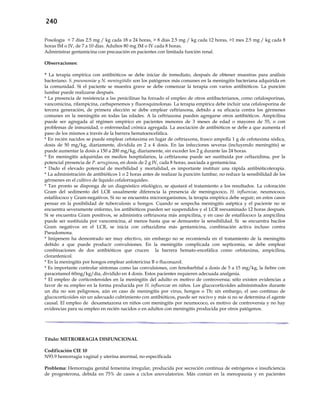 240
Posología < 7 días 2.5 mg / kg cada 18 a 24 horas, > 8 días 2.5 mg / kg cada 12 horas, >1 mes 2.5 mg / kg cada 8
horas IM o IV, de 7 a 10 días. Adultos 80 mg IM o IV cada 8 horas.
Administrar gentamicina con precaución en pacientes con limitada función renal.
Observaciones:
* La terapia empírica con antibióticos se debe iniciar de inmediato, después de obtener muestras para análisis
bacteriano. S. pneumoniae y N. meningitidis son los patógenos más comunes en la meningitis bacteriana adquirida en
la comunidad. Si el paciente se muestra grave se debe comenzar la terapia con varios antibióticos. La punción
lumbar puede realizarse después.
* La presencia de resistencia a las penicilinas ha forzado el empleo de otros antibacterianos, como cefalosporinas,
vancomicina, rifampicina, carbapenemos y fluoroquinolonas. La terapia empírica debe incluir una cefalosporina de
tercera generación, de primera elección se debe emplear ceftriaxona, debido a su eficacia contra los gérmenes
comunes en la meningitis en todas las edades. A la ceftriaxona pueden agregarse otros antibióticos. Ampicilina
puede ser agregada al régimen empírico en pacientes menores de 3 meses de edad o mayores de 55, o con
problemas de inmunidad, o enfermedad crónica agregada. La asociación de antibióticos se debe a que aumenta el
paso de los mismos a través de la barrera hematoencefálica.
* En recién nacidos se puede emplear cefotaxima en lugar de ceftriaxona, frasco ampolla 1 g de cefotaxima sódica,
dosis de 50 mg/kg, diariamente, dividida en 2 a 4 dosis. En las infecciones severas (incluyendo meningitis) se
puede aumentar la dosis a 150 a 200 mg/kg, diariamente, sin exceder los 2 g durante las 24 horas.
* En meningitis adquiridas en medios hospitalarios, la ceftriaxona puede ser sustituida por ceftazidima, por la
potencial presencia de P. aeruginosa, en dosis de 2 g IV, cada 8 horas, asociada a gentamicina.
* Dado el elevado potencial de morbilidad y mortalidad, es importante instituir una rápida antibióticoterapia.
* La administración de antibióticos 1 o 2 horas antes de realizar la punción lumbar, no reduce la sensibilidad de los
gérmenes en el cultivo de líquido cefalorraquídeo.
* Tan pronto se disponga de un diagnóstico etiológico, se ajustará el tratamiento a los resultados. La coloración
Gram del sedimento del LCR usualmente diferencia la presencia de meningococo, H. influenzae, neumococo,
estafilococo y Gram-negativos. Si no se encuentra microorganismos, la terapia empírica debe seguir; en estos casos
pensar en la posibilidad de tuberculosis u hongos. Cuando se sospecha meningitis aséptica y el paciente no se
encuentra severamente enfermo, los antibióticos pueden ser suspendidos y el LCR reexaminado 12 horas después.
Si se encuentra Gram positivos, se administra ceftriaxona más ampicilina, y en caso de estafilococo la ampicilina
puede ser sustituida por vancomicina, al menos hasta que se demuestre la sensibilidad. Si se encuentra bacilos
Gram negativos en el LCR, se inicia con ceftazidima más gentamicina, combinación activa incluso contra
Pseudomona.
* Imipenem ha demostrado ser muy efectivo, sin embargo no se recomienda en el tratamiento de la meningitis
debido a que puede producir convulsiones. En la meningitis complicada con septicemia, se debe emplear
combinaciones de dos antibióticos que crucen la barrera hemato-encefálica como cefotaxima, ampicilina,
cloranfenicol.
* En la meningitis por hongos emplear anfotericina B o fluconazol.
* Es importante controlar síntomas como las convulsiones, con fenobarbital a dosis de 5 a 15 mg/kg, la fiebre con
paracetamol 60mg/kg/día, dividido en 4 dosis. Estos pacientes requieren adecuada analgesia.
* El empleo de corticosteroides en la meningitis del adulto es motivo de controversia; sólo existen evidencias a
favor de su empleo en la forma producida por H. influenzae en niños. Los glucocorticoides administrados durante
un día no son peligrosos, aún en caso de meningitis por virus, hongos o Tb; sin embargo, el uso continuo de
glucocorticoides sin un adecuado cubrimiento con antibióticos, puede ser nocivo y más si no se determina el agente
causal. El empleo de dexametazona en niños con meningitis por neumococo, es motivo de controversia y no hay
evidencias para su empleo en recién nacidos o en adultos con meningitis producida por otros patógenos.
Título: METRORRAGIA DISFUNCIONAL
Codificación CIE 10
N93.9 hemorragia vaginal y uterina anormal, no especificada
Problema: Hemorragia genital femenina irregular, producida por secreción continua de estrógenos e insuficiencia
de progesterona, debida en 75% de casos a ciclos anovulatorios. Más común en la menopausia y en pacientes
 