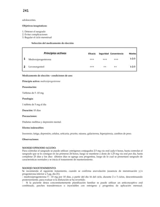 241
adolescentes.
Objetivos terapéuticos:
1. Detener el sangrado
2. Evitar complicaciones
3. Regular el ciclo menstrual
Selección del medicamento de elección:
Principios activos Eficacia Seguridad Conveniencia Niveles
1 Medroxiprogesterona +++ +++ +++ 1-2-3
2 Levonorgestrel +++ ++ ++ 1-2-3
Medicamento de elección - condiciones de uso:
Principio activo: medroxiprogesterona
Presentación:
Tabletas de 5 -10 mg.
Posología:
1 tableta de 5 mg al día
Duración: 10 días
Precauciones:
Diabetes mellitus y depresión mental.
Efectos indeseables:
Insomnio, fatiga, depresión, cefalea, urticaria, prurito, náusea, galactorrea, hiperpirexia, cambios de peso.
Observaciones:
MANEJO EPISODIO AGUDO:
Para controlar el sangrado se puede utilizar: estrógenos conjugados 2.5 mg vía oral cada 6 horas, hasta controlar el
sangrado que se lo consigue en las primeras 24 horas, luego se mantiene a dosis de 1.25 mg vía oral por día, hasta
completar 25 días y los diez últimos días se agrega una progestina, luego de lo cual se presentará sangrado de
características normales y se inicia el tratamiento de mantenimiento.
MANEJO MANTENIMIENTO:
Se recomienda el siguiente tratamiento, cuando se confirma anovulación (ausencia de menstruación y/o
progesterona inferior a 3 μg, día 21):
- medroxiprogesterona 5 - 10 mg por 10 días, a partir del día 16 del ciclo, durante 2 o 3 ciclos, descontinuando
posteriormente, para evaluar si la disfunción se ha revertido.
- Si la paciente desea concomitantemente planificación familiar se puede utilizar un anticonceptivo oral
combinado, parches transdérmicos o inyectables con estrógeno y progestina de aplicación mensual.
 