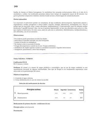 249
huellas de dientes en hileras homogéneas. La mordedura leve presenta exclusivamente dolor en el sitio de la
mordedura y cefalea. Las moderadas presentan edema local, tiempo de coagulación mayor de 20 minutos. Las
graves presentan compromiso sistémico, lesiones locales severas y hemorragias de variada localización.
Efectos indeseables:
Las reacciones al antiveneno pueden ser inmediatas, de tipo anafiláctico (broncoespasmo, hipotensión arterial y
angioedema) o tardías, pirogénicas o séricas (fiebre, urticaria, artralgia, albuminuria, encefalopatía, etc.). Para el
primer tipo de reacciones, tener a mano adrenalina, antihistamínicos y corticosteroides; para los síntomas tardíos
prednisona 5 mg QID durante 5 días. Así sea el paciente hipersensible, no hay otra alternativa para salvar su vida,
que emplear el antiveneno, En estos casos, antes de cada caso se administra: difenhidramina, metilprednisolona y
aún adrenalina, caso de ser necesario.
Observaciones:
* El accidente puede presentarse en todas las edades.
* Inmovilizar el miembro afectado, sin usar torniquetes.
* Limpiar la herida con antisépticos.
* No realizar cortes ni succionar la herida.
* Cirugía descomprensiva cuando sea el caso. Terapia antitetánica.
* Antibióticos de amplio espectro cuando se consideren necesarios. Líquidos intravenosos.
* Analgésicos: paracetamol, u otros más enérgicos.
Título: NÁUSEA – VÓMITO
Codificación CIE 10
R11.X náusea y vómito
Problema: El vómito y/o náusea de origen periférico o neurológico, que no sea de origen vestibular es una
manifestación frecuente de algunas enfermedades. Este tipo de terapia es de fundamental importancia como
adyuvante en la quimioterapia del cáncer.
Objetivos terapéuticos:
1. Controlar el signo–síntoma
2. Evitar deshidratación en caso de vómito incoercible
Selección del medicamento de elección:
Principios activos Eficacia Seguridad Conveniencia Niveles
1 Metoclopramida +++ +++ +++ 1-2-3
2 Ondansentron +++ ++ ++ 2-3
Medicamento de primera elección - condiciones de uso:
Principio activo: metoclopramida
Presentación:
 