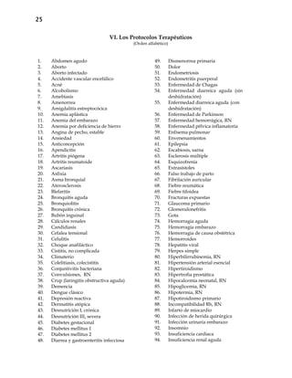 25
VI. Los Protocolos Terapéuticos
(Orden alfabético)
1. Abdomen agudo
2. Aborto
3. Aborto infectado
4. Accidente vascular encefálico
5. Acné
6. Alcoholismo
7. Amebiasis
8. Amenorrea
9. Amigdalitis estreptocócica
10. Anemia aplástica
11. Anemia del embarazo
12. Anemia por deficiencia de hierro
13. Angina de pecho, estable
14. Ansiedad
15. Anticoncepción
16. Apendicitis
17. Artritis piógena
18. Artritis reumatoide
19. Ascariasis
20. Asfixia
21. Asma bronquial
22. Aterosclerosis
23. Blefaritis
24. Bronquitis aguda
25. Bronquiolitis
26. Bronquitis crónica
27. Bubón inguinal
28. Cálculos renales
29. Candidiasis
30. Cefalea tensional
31. Celulitis
32. Choque anafiláctico
33. Cistitis, no complicada
34. Climaterio
35. Colelitiasis, colecistitis
36. Conjuntivitis bacteriana
37. Convulsiones, RN
38. Crup (laringitis obstructiva aguda)
39. Demencia
40. Dengue clásico
41. Depresión reactiva
42. Dermatitis atópica
43. Desnutrición I, crónica
44. Desnutrición III, severa
45. Diabetes gestacional
46. Diabetes mellitus 1
47. Diabetes mellitus 2
48. Diarrea y gastroenteritis infecciosa
49. Dismenorrea primaria
50. Dolor
51. Endometriosis
52. Endometritis puerperal
53. Enfermedad de Chagas
54. Enfermedad diarreica aguda (sin
deshidratación)
55. Enfermedad diarreica aguda (con
deshidratación)
56. Enfermedad de Parkinson
57. Enfermedad hemorrágica, RN
58. Enfermedad pélvica inflamatoria
59. Enfisema pulmonar
60. Envenenamientos
61. Epilepsia
62. Escabiosis, sarna
63. Esclerosis múltiple
64. Esquizofrenia
65. Extrasístoles
66. Falso trabajo de parto
67. Fibrilación auricular
68. Fiebre reumática
69. Fiebre tifoidea
70. Fracturas expuestas
71. Glaucoma primario
72. Glomerulonefritis
73. Gota
74. Hemorragia aguda
75. Hemorragia embarazo
76. Hemorragia de causa obstétrica
77. Hemorroides
78. Hepatitis viral
79. Herpes simple
80. Hiperbilirrubinemia, RN
81. Hipertensión arterial esencial
82. Hipertiroidismo
83. Hipertrofia prostática
84. Hipocalcemia neonatal, RN
85. Hipoglicemia, RN
86. Hipotermia, RN
87. Hipotiroidismo primario
88. Incompatibilidad Rh, RN
89. Infarto de miocardio
90. Infección de herida quirúrgica
91. Infección urinaria embarazo
92. Insomnio
93. Insuficiencia cardíaca
94. Insuficiencia renal aguda
 