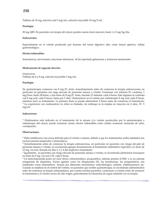 250
Tabletas de 10 mg, solución oral 5 mg/mL, solución inyectable 10 mg/2 mL.
Posología:
20 mg, QID. En pacientes con terapia del cáncer pueden usarse dosis mayores, hasta 1 a 2 mg/kg/día.
Indicaciones:
Especialmente en el vómito producido por lesiones del tracto digestivo alto, como éstasis gástrico, reflujo
gastroesofágico.
Efectos indeseables:
Somnolencia, nerviosismo, reacciones distónicas. Se ha reportado galactorrea y trastornos menstruales.
Medicamento de segunda elección:
Ondansetron
Tabletas de 4 y 8 mg, solución inyectable 2 mg/mL.
Posología:
En quimioterapia comenzar con 8 mg IV, lento, inmediatamente antes de comenzar la terapia anticancerosa, en
particular en pacientes con riego elevado de presentar náusea o vómito. Continuar con infusión IV, continua, 1
mg/hora, hasta 24 horas, o dos dosis de 8 mg IV, lenta, durante 15 minutos, cada 4 horas. Este régimen se continúa
con 8 mg oral, cada 8 horas, hasta por 5 días. Ondansetron en el vómito por radioterapia 8 mg oral, cada 8 horas,
mientras dura su tratamiento. La primera dosis se puede administrar 2 horas antes de comenzar el tratamiento.
* La experiencia con ondansetron en niños es limitada, sin embargo se la emplea en mayores de 4 años, IV. 5
mg/m2.
Indicaciones:
* Ondansetron está indicado en el tratamiento de la náusea y/o vómito producidos por la quimioterapia o
radioterapia del cáncer, puede ocasionar ciertos efectos indeseables como cefalea ocasional, sensación de calor,
constipación.
Observaciones:
* Debe establecerse una causa definida para el vómito o náusea, debido a que los tratamientos arriba señalados son
exclusivamente temporales o sintomáticos.
* Inmediatamente antes de comenzar la terapia anticancerosa, en particular en pacientes con riesgo elevado de
presentar náusea o vómito, se recomienda agregar dexametasona al tratamiento antiemético específico, en dosis de
12 mg, vía oral, durante los días 2, 3 y 4 del respectivo tratamiento.
* Igualmente, en pacientes con riesgo elevado de presentar náusea o vómito, se recomienda administrar lorazepam
en dosis de 2 mg, vía oral o IV, cada 6 horas.
* La metoclopramida posee un claro efecto colinomimético, proquinético, además penetra al SNC y es un potente
antagonista de dopamina. Varios agentes como los bloqueantes H1, las fenotiazinas, los proquinéticos, son
empleados como antieméticos. Actúan por diferentes mecanismos: anticolinérgico, sedante, antihistamínico, etc.
Cuando se emplean en el control del vómito, en pacientes que reciben quimioterapia, se recomienda administrarlos
antes de comenzar la terapia antineoplásica, por cuanto muchos pacientes, comienzan a vomitar antes de instaurar
el tratamiento y el vómito severo de este origen, generalmente los desanima de seguir adelante con su terapia.
 