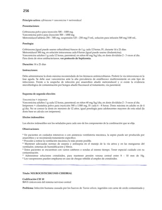 256
Principio activo: ceftriaxona + vancomicina + metronidazol
Presentaciones:
Ceftriaxona polvo para inyección 500 – 1000 mg.
Vancomicina polvo para inyección 500 – 1000 mg.
Metronidazol tabletas 250 – 500 mg, suspensión 125 – 250 mg/5 mL, solución para infusión 500 mg/100 mL.
Posología:
Ceftriaxona (igual puede usarse ceftazidima) frascos de 1 g, cada 12 horas, IV, durante 14 a 21 días.
Metronidazol 500 mg, en solución intravenosa cada 8 horas (igual puede usarse clindamicina).
Vancomicina adultos 1 g cada 12 horas, parenteral; en niños 40 mg/kg/día, en dosis divididas 2 - 3 veces al día.
Para dosis de otros antibacterianos, ver protocolo de Septicemia.
Duración: 14 a 21 días
Instrucciones:
Debe administrarse la dosis máxima recomendada de los fármacos antimicrobianos. Preferir la vía intravenosa en la
fase aguda. Se debe usar vancomicina ante la alta prevalencia de estafilococo multirresistente en este tipo de
infecciones. Frente a la sospecha de infección por anaerobios añadir metronidazol y si existe la evidencia
microbiológica de contaminación por hongos añadir fluconazol al tratamiento, vía parenteral.
Esquema de segunda elección:
Vancomicina + imipenem
Vancomicina adultos 1 g cada 12 horas, parenteral; en niños 40 mg/kg/día, en dosis divididas 2 - 3 veces al día.
Imipenem + cilastatina polvo para inyección 500 a 1.000 mg, IV cada 6 - 8 horas. Dosis máxima en adulto es de 4
g/día. No se conoce la dosis en menores de 12 años, igual posología para adolescentes mayores de esta edad (la
dosis base se calcula con imipenem).
Efectos indeseables:
Los efectos indeseables son los señalados para cada uno de los componentes de la combinación que se elija.
Observaciones:
* En pacientes en cuidados intensivos o con asistencia ventilatoria mecánica, la sepsis puede ser producida por
anaerobios y se recomienda tratamiento específico.
* Proceder a retirar la ventilación mecánica lo más pronto posible.
* Mantener adecuadas normas de asepsia y antisepsia en el manejo de la vía aérea y en las mangueras del
ventilador, sistemas de humidificación y filtros.
* Estos pacientes se encuentran con varios catéteres o sondas al mismo tiempo. Tener especial cuidado con su
contaminación.
* Administrar soluciones cristaloides, para mantener presión venosa central entre 8 - 10 mm de Hg.
* Los vasopresores pueden emplearse en caso de choque rebelde al empleo de cristaloides.
Título: NEUROCISTICERCOSIS CEREBRAL
Codificación CIE 10
B69.0 cisticercosis del sistema nervioso central
Problema: Infección humana causada por los huevos de Taenia solium, ingeridos con carne de cerdo contaminada y
 