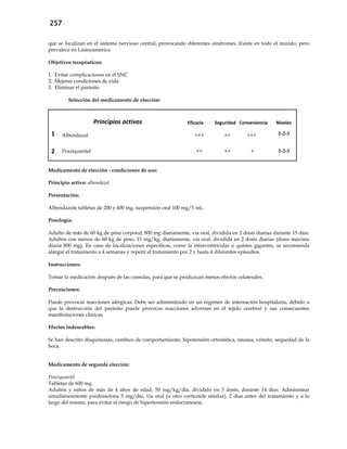 257
que se localizan en el sistema nervioso central, provocando diferentes síndromes. Existe en todo el mundo, pero
prevalece en Latinoamérica.
Objetivos terapéuticos:
1. Evitar complicaciones en el SNC
2. Mejorar condiciones de vida
3. Eliminar el parásito
Selección del medicamento de elección:
Principios activos Eficacia Seguridad Conveniencia Niveles
1 Albendazol +++ ++ +++ 1-2-3
2 Praziquantel ++ ++ + 1-2-3
Medicamento de elección - condiciones de uso:
Principio activo: albendazol
Presentación:
Albendazole tabletas de 200 y 400 mg, suspensión oral 100 mg/5 mL.
Posología:
Adulto de más de 60 kg de peso corporal, 800 mg diariamente, vía oral, dividida en 2 dosis diarias durante 15 días.
Adultos con menos de 60 kg de peso, 15 mg/kg, diariamente, vía oral, dividida en 2 dosis diarias (dosis máxima
diaria 800 mg). En caso de localizaciones específicas, como la intraventricular o quistes gigantes, se recomienda
alargar el tratamiento a 4 semanas y repetir el tratamiento por 2 y hasta 4 diferentes episodios.
Instrucciones:
Tomar la medicación después de las comidas, para que se produzcan menos efectos colaterales.
Precauciones:
Puede provocar reacciones alérgicas. Debe ser administrado en un régimen de internación hospitalaria, debido a
que la destrucción del parásito puede provocar reacciones adversas en el tejido cerebral y sus consecuentes
manifestaciones clínicas.
Efectos indeseables:
Se han descrito disquinesias, cambios de comportamiento, hipotensión ortostática, náusea, vómito, sequedad de la
boca.
Medicamento de segunda elección:
Praziquantel
Tabletas de 600 mg.
Adultos y niños de más de 4 años de edad, 50 mg/kg/día, dividido en 3 dosis, durante 14 días. Administrar
simultáneamente prednisolona 5 mg/día, vía oral (u otro corticoide similar), 2 días antes del tratamiento y a lo
largo del mismo, para evitar el riesgo de hipertensión endocraneana.
 