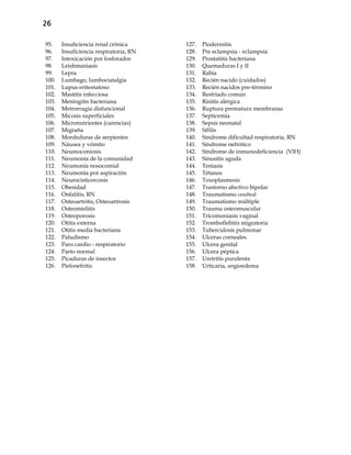26
95. Insuficiencia renal crónica
96. Insuficiencia respiratoria, RN
97. Intoxicación por fosforados
98. Leishmaniasis
99. Lepra
100. Lumbago, lumbociatalgia
101. Lupus eritematoso
102. Mastitis infecciosa
103. Meningitis bacteriana
104. Metrorragia disfuncional
105. Micosis superficiales
106. Micronutrientes (carencias)
107. Migraña
108. Mordeduras de serpientes
109. Náusea y vómito
110. Neumoconiosis
111. Neumonía de la comunidad
112. Neumonía nosocomial
113. Neumonía por aspiración
114. Neurocisticercosis
115. Obesidad
116. Onfalitis, RN
117. Osteoartritis, Osteoartrosis
118. Osteomielitis
119. Osteoporosis
120. Otitis externa
121. Otitis media bacteriana
122. Paludismo
123. Paro cardio - respiratorio
124. Parto normal
125. Picaduras de insectos
126. Pielonefritis
127. Piodermitis
128. Pre eclampsia - eclampsia
129. Prostatitis bacteriana
130. Quemaduras I y II
131. Rabia
132. Recién nacido (cuidados)
133. Recién nacidos pre-término
134. Resfriado común
135. Rinitis alérgica
136. Ruptura prematura membranas
137. Septicemia
138. Sepsis neonatal
139. Sífilis
140. Síndrome dificultad respiratoria, RN
141. Síndrome nefrótico
142. Síndrome de inmunodeficiencia (VIH)
143. Sinusitis aguda
144. Teniasis
145. Tétanos
146. Toxoplasmosis
147. Trastorno afectivo bipolar
148. Traumatismo cerebral
149. Traumatismo múltiple
150. Trauma osteomuscular
151. Tricomoniasis vaginal
152. Tromboflebitis migratoria
153. Tuberculosis pulmonar
154. Ulceras corneales
155. Ulcera genital
156. Ulcera péptica
157. Uretritis purulenta
158. Urticaria, angioedema
 