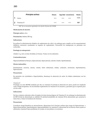 265
Principios activos Eficacia Seguridad Conveniencia Niveles
1 Calcio +++ +++ +++ 1-2-3
2 Vitamina D +++ +++ +++ NR*
NR* No se encuentra registrado en la edición Novena del CNMB.
Medicamento de elección:
Principio activo: calcio
Presentación: tabletas 200 mg.
Indicaciones:
Se prefiere la administración dietética de suplementos de calcio, sin embargo para cumplir con los requerimientos
dietéticos necesarios usualmente se requiere de suplementos. Prevención de osteoporosis en pacientes con
corticoides.
Posología en osteoporosis:
Adultos 1 g, oral, en dosis dividida en 4 tomas. Tomar con los alimentos.
Contraindicaciones:
Hipersensibilidad al fármaco, hipercalcemia, hipercalciuria, cálculos renales, hipofosfatemia.
Efectos indeseables:
Estreñimiento, anorexia, náusea, vómito, dolor abdominal, cefalea, confusión, xerostomía, hipofosfatemia,
hipercalcemia.
Precauciones:
En pacientes con aclorhidria o hipoclorhidria, disminuye la absorción de calcio. Se deberá administrar con los
alimentos.
Vitamina D
Posología vía oral, 400-800 unidades por día. La vitamina D aumenta la absorción de calcio; puede ser empleada
como ventaja terapéutica. Se recomiendan suplementos de vitamina D en ancianos y pacientes que se exponen poco
a la luz solar.
Indicaciones:
No hay evidencia suficiente sobre el empleo de dosis farmacológicas de Vitamina D, sin embargo la administración
de 800 UI/día ha demostrado su utilidad. El calcitriol (metabolito de vitamina D) ha demostrado que aumenta la
masa ósea y reduce la incidencia de fracturas.
Precauciones:
Considerar riesgo/beneficio en ateroesclerosis, alteraciones de la función cardiaca (por riesgo de hipercalcemia e
hipercolesterolemia), hiperfosfatemia, hipersensibilidad a la vitamina D, alteraciones de la función renal cuando se
administra vitamina D para problemas no renales, en sarcoidosis y en ancianos.
 