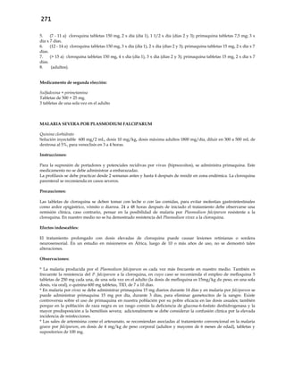271
5. (7 - 11 a) cloroquina tabletas 150 mg, 2 x día (día 1), 1 1/2 x día (días 2 y 3); primaquina tabletas 7,5 mg; 3 x
día x 7 días.
6. (12 - 14 a) cloroquina tabletas 150 mg, 3 x día (día 1), 2 x día (días 2 y 3); primaquina tabletas 15 mg, 2 x día x 7
días.
7. (> 15 a) cloroquina tabletas 150 mg, 4 x día (día 1), 3 x día (días 2 y 3); primaquina tabletas 15 mg, 2 x día x 7
días.
8. (adultos).
Medicamento de segunda elección:
Sulfadoxina + pirimetamina
Tabletas de 500 + 25 mg.
3 tabletas de una sola vez en el adulto
MALARIA SEVERA POR PLASMODIUM FALCIPARUM
Quinina clorhidrato
Solución inyectable 600 mg/2 mL, dosis 10 mg/kg, dosis máxima adultos 1800 mg/día, diluir en 300 a 500 mL de
dextrosa al 5%, para venoclisis en 3 a 4 horas.
Instrucciones:
Para la supresión de portadores y potenciales recidivas por vivax (hipnozoitos), se administra primaquina. Este
medicamento no se debe administrar a embarazadas.
La profilaxis se debe practicar desde 2 semanas antes y hasta 4 después de residir en zona endémica. La cloroquina
parenteral se recomienda en casos severos.
Precauciones:
Las tabletas de cloroquina se deben tomar con leche o con las comidas, para evitar molestias gastrointestinales
como ardor epigástrico, vómito o diarrea. 24 a 48 horas después de iniciado el tratamiento debe observarse una
remisión clínica, caso contrario, pensar en la posibilidad de malaria por Plasmodium falciparum resistente a la
cloroquina. En nuestro medio no se ha demostrado resistencia del Plasmodium vivax a la cloroquina.
Efectos indeseables:
El tratamiento prolongado con dosis elevadas de cloroquina puede causar lesiones retinianas o sordera
neurosensorial. En un estudio en misioneros en África, luego de 10 o más años de uso, no se demostró tales
alteraciones.
Observaciones:
* La malaria producida por el Plasmodium falciparum es cada vez más frecuente en nuestro medio. También es
frecuente la resistencia del P. falciparum a la cloroquina, en cuyo caso se recomienda el empleo de mefloquina 5
tabletas de 250 mg cada una, de una sola vez en el adulto (la dosis de mefloquina es 15mg/kg de peso, en una sola
dosis, vía oral), o quinina 600 mg tabletas, TID, de 7 a 10 días.
* En malaria por vivax se debe administrar primaquina 15 mg diarios durante 14 días y en malaria por falciparum se
puede administrar primaquina 15 mg por día, durante 3 días, para eliminar gametocitos de la sangre. Existe
controversia sobre el uso de primaquina en nuestra población por su pobre eficacia en las dosis usuales; también
porque en la población de raza negra es un rasgo común la deficiencia de glucosa-6-fosfato deshidrogenasa y la
mayor predisposición a la hemólisis severa; adicionalmente se debe considerar la confusión clínica por la elevada
incidencia de reinfecciones.
* Las sales de artemisina como el artesunato, se recomiendan asociadas al tratamiento convencional en la malaria
grave por falciparum, en dosis de 4 mg/kg de peso corporal (adultos y mayores de 6 meses de edad), tabletas y
supositorios de 100 mg.
 