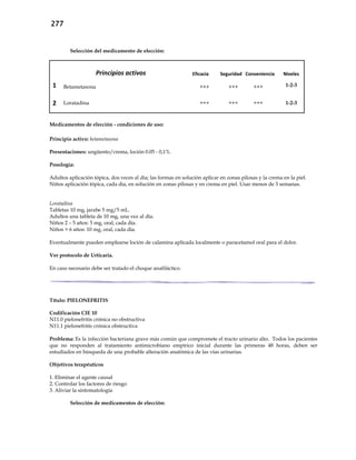 277
Selección del medicamento de elección:
Principios activos Eficacia Seguridad Conveniencia Niveles
1 Betametasona +++ +++ +++ 1-2-3
2 Loratadina +++ +++ +++ 1-2-3
Medicamentos de elección - condiciones de uso:
Principio activo: betametasona
Presentaciones: ungüento/crema, loción 0.05 - 0,1%.
Posología:
Adultos aplicación tópica, dos veces al día; las formas en solución aplicar en zonas pilosas y la crema en la piel.
Niños aplicación tópica, cada día, en solución en zonas pilosas y en crema en piel. Usar menos de 3 semanas.
Loratadina
Tabletas 10 mg, jarabe 5 mg/5 mL.
Adultos una tableta de 10 mg, una vez al día.
Niños 2 – 5 años: 5 mg, oral, cada día.
Niños > 6 años: 10 mg, oral, cada día.
Eventualmente pueden emplearse loción de calamina aplicada localmente o paracetamol oral para el dolor.
Ver protocolo de Urticaria.
En caso necesario debe ser tratado el choque anafiláctico.
Título: PIELONEFRITIS
Codificación CIE 10
N11.0 pielonefritis crónica no obstructiva
N11.1 pielonefritis crónica obstructiva
Problema: Es la infección bacteriana grave más común que compromete el tracto urinario alto. Todos los pacientes
que no responden al tratamiento antimicrobiano empírico inicial durante las primeras 48 horas, deben ser
estudiados en búsqueda de una probable alteración anatómica de las vías urinarias.
Objetivos terapéuticos
1. Eliminar el agente causal
2. Controlar los factores de riesgo
3. Aliviar la sintomatología
Selección de medicamentos de elección:
 