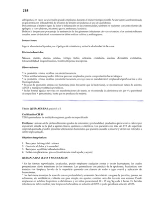 284
artropatías; en casos de excepción puede emplearse durante el menor tiempo posible. Se encuentra contraindicada
en pacientes con antecedentes de lesiones de tendón secundarias al uso de quinolonas.
Descontinuar al menor signo de dolor o inflamación en las extremidades, también en pacientes con antecedentes de
epilepsia o convulsiones, miastenia grave, embarazo, lactancia.
Debido al importante porcentaje de resistencia de los gérmenes infectantes de vías urinarias a los antimicrobianos
usuales, antes de iniciar el tratamiento se debe realizar cultivo y antibiograma.
Instrucciones:
Ingerir abundantes líquidos por el peligro de cristaluria y evitar la alcalinidad de la orina.
Efectos indeseables:
Náusea, vómito, diarrea, cefalea, vértigo, fiebre, urticaria, cristaluria, anemia, dermatitis exfoliativa,
fotosensibilidad, megaloblastosis, trombocitopenia, leucopenia.
Observaciones:
* La prostatitis crónica recidiva con cierta frecuencia.
* Otros antibacterianos pueden diferirse para ser empleados previa comprobación bacteriológica.
* La prostatitis crónica recidiva con cierta frecuencia, en cuyo caso es mandatorio el empleo de ciprofloxacina u otra
fluoroquinolona.
* En caso de prostatitis crónica no bacteriana (más frecuente que la bacteriana), se recomiendan baños de asiento,
AINES y masajes prostáticos periódicos.
* En las formas agudas severas con manifestaciones de sepsis, se recomienda la administración por vía parenteral
de ampicilina + gentamicina, hasta que se produzca la mejoría.
Título: QUEMADURAS grados I y II
Codificación CIE 10
T29.0 quemaduras de múltiples regiones, grado no especificado
Problema: Lesiones de la piel en diferentes grados de extensión y profundidad, producidas por excesivo calor o por
exposición directa de la piel a agentes físicos, químicos o eléctricos. Los pacientes con más del 15% de superficie
corporal quemada, pueden presentar alteraciones humorales que pueden causarle la muerte y deben ser referidos a
centro especializado.
Objetivos terapéuticos:
1. Recuperar la integridad cutánea
2. Controlar el dolor y la ansiedad
3. Recuperar equilibrio hidroelectrolítico
4. Evitar complicaciones graves (insuficiencia renal aguda y sepsis)
QUEMADURAS LEVES Y MODERADAS:
* En las formas superficiales, localizadas, puede emplearse cualquier crema o loción humectante, las cuales
proporcionan alivio transitorio de los síntomas. Las quemaduras con pérdida de la epidermis, localizadas, son
tratadas con limpieza, lavado de la superficie quemada con cloruro de sodio o agua estéril y aplicación de
humectantes.
* Las heridas se manejan de acuerdo con su profundidad y extensión. Se cubrirán con gasa de parafina, porosa, no
adherente, sin antibióticos, cubierta con gasa simple, sin apretar; cambiar cada día durante una semana. Puede
emplearse en adultos ibuprofeno o diclofenaco y en niños paracetamol 10 - 15 mg/kg cada 4 horas. En heridas
infectadas se debe emplear para limpieza clorhexidina en solución al 0.05% o yodo povidona solución al 10%.
 