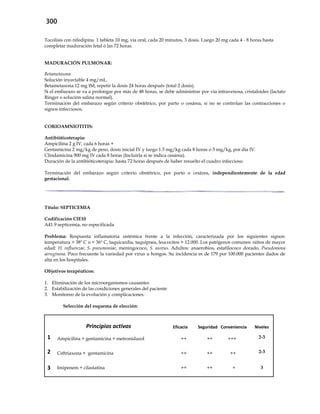 300
Tocolisis con nifedipina 1 tableta 10 mg, vía oral, cada 20 minutos, 3 dosis. Luego 20 mg cada 4 - 8 horas hasta
completar maduración fetal ó las 72 horas.
MADURACIÓN PULMONAR:
Betametasona
Solución inyectable 4 mg/mL.
Betametasona 12 mg IM, repetir la dosis 24 horas después (total 2 dosis).
Si el embarazo se va a prolongar por más de 48 horas, se debe administrar por vía intravenosa, cristaloides (lactato
Ringer o solución salina normal).
Terminación del embarazo según criterio obstétrico, por parto o cesárea, si no se controlan las contracciones o
signos infecciosos.
CORIOAMNIOTITIS:
Antibióticoterapia:
Ampicilina 2 g IV, cada 6 horas +
Gentamicina 2 mg/kg de peso, dosis inicial IV y luego 1.5 mg/kg cada 8 horas o 5 mg/kg, por día IV.
Clindamicina 900 mg IV cada 8 horas (Incluirla si se indica cesárea).
Duración de la antibióticoterapia: hasta 72 horas después de haber resuelto el cuadro infeccioso.
Terminación del embarazo según criterio obstétrico, por parto o cesárea, independientemente de la edad
gestacional.
Título: SEPTICEMIA
Codificación CIE10
A41.9 septicemia, no especificada
Problema: Respuesta inflamatoria sistémica frente a la infección, caracterizada por los siguientes signos:
temperatura > 38º C o < 36º C, taquicardia, taquipnea, leucocitos > 12.000. Los patógenos comunes: niños de mayor
edad: H. influenzae, S. pneumoniae, meningococo, S. aureus. Adultos: anaerobios, estafilococo dorado, Pseudomona
aeruginosa. Poco frecuente la variedad por virus u hongos. Su incidencia es de 179 por 100.000 pacientes dados de
alta en los hospitales.
Objetivos terapéuticos:
1. Eliminación de los microorganismos causantes
2. Estabilización de las condiciones generales del paciente
3. Monitoreo de la evolución y complicaciones.
Selección del esquema de elección:
Principios activos Eficacia Seguridad Conveniencia Niveles
1 Ampicilina + gentamicina + metronidazol ++ ++ +++ 2-3
2 Ceftriaxona + gentamicina ++ ++ ++ 2-3
3 Imipenem + cilastatina ++ ++ + 3
 
