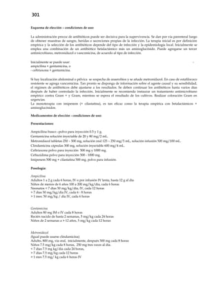 301
Esquema de elección – condiciones de uso:
La administración precoz de antibióticos puede ser decisiva para la supervivencia. Se dan por vía parenteral luego
de obtener muestras de sangre, heridas o secreciones propias de la infección. La terapia inicial es por definición
empírica y la selección de los antibióticos depende del tipo de infección y la epidemiología local. Inicialmente se
emplea una combinación de un antibiótico betalactámico más un aminoglucósido. Puede agregarse un tercer
antimicrobiano, metronidazol o vancomicina, de acuerdo al tipo de infección.
Inicialmente se puede usar: -
ampicilina + gentamicina, o
- ceftriaxona + gentamicina.
Si hay localización abdominal o pélvica se sospecha de anaerobios y se añade metronidazol. En caso de estafilococo
resistente se agrega vancomicina. Tan pronto se disponga de información sobre el agente causal y su sensibilidad,
el régimen de antibióticos debe ajustarse a los resultados. Se deben continuar los antibióticos hasta varios días
después de haber controlado la infección. Inicialmente se recomienda instaurar un tratamiento antimicrobiano
empírico contra Gram + y Gram, mientras se espera el resultado de los cultivos. Realizar coloración Gram en
urgencias.
La monoterapia con imipenem (+ cilastatina), es tan eficaz como la terapia empírica con betalactámicos +
aminoglucósidos.
Medicamentos de elección - condiciones de uso:
Presentaciones:
Ampicilina frasco –polvo para inyección 0.5 y 1 g.
Gentamicina solución inyectable de 20 y 80 mg/2 mL.
Metronidazol tabletas 250 – 500 mg, solución oral 125 – 250 mg/5 mL, solución infusión 500 mg/100 mL.
Clindamicina cápsulas 300 mg, solución inyectable 600 mg/4 mL.
Ceftriaxona polvo para inyección 500 mg y 1000 mg.
Ceftazidima polvo para inyección 500 - 1000 mg.
Imipenem 500 mg + cilastatina 500 mg, polvo para infusión.
Posología:
Ampicilina
Adultos 1 a 2 g cada 6 horas, IV o por infusión IV lenta, hasta 12 g al día
Niños de menos de 6 años 100 a 200 mg/kg/día, cada 6 horas
Neonatos < 7 días 50 mg/kg/día, IV, cada 12 horas
> 7 días 50 mg/kg/día IV, cada 6 - 8 horas
> 1 mes: 50 mg/kg / día IV, cada 6 horas
Gentamicina
Adultos 80 mg IM o IV cada 8 horas
Recién nacido de hasta 2 semanas, 5 mg/kg cada 24 horas
Niños de 2 semanas a > 12 años, 5 mg/kg cada 12 horas
Metronidazol
(Igual puede usarse clindamicina)
Adulto, 800 mg, vía oral, inicialmente, después 500 mg cada 8 horas
Niños 7.5 mg/kg cada 8 horas, 250 mg tres veces al día.
< 7 días 7.5 mg kg/día cada 24 horas,
> 7 días 7.5 mg/kg cada 12 horas
> 1 mes 7.5 mg/ kg cada 6 horas IV
 