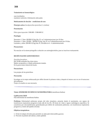 308
Tratamiento no farmacológico:
- usar incubadora
- mantener nutrición e hidratación adecuadas
Medicamento de elección - condiciones de uso:
Principio activo: bencilpenicilina (penicilina G cristalina)
Presentación:
Polvo para inyección 1´000.000 - 5´000.000 UI
Posología:
Neonatos < 7 días: 100.000 UI/kg/día, IV, en 3 administraciones por 10 días.
Neonatos > 7 días: 150.000 – 300.000 UI/kg/ día, IV, en 3 administraciones por 10 días.
Lactantes y niños: 200.000 UI/kg/día, IV, dividido en 4 – 6 administraciones.
Precauciones:
No mezclar en la misma jeringuilla o solución con aminoglucósidos, pues se inactivan mutuamente.
RECIÉN NACIDO ASINTOMÁTICO
Penicilina benzatínica
IM, 50 000 unidades/kg, dosis única.
Madre seropositiva, o madre pobremente tratada.
En la parte antero lateral del muslo.
Precauciones:
Las propias de las penicilinas
Prevención:
- Investigar en la mujer embarazada por sífilis durante la primera visita y después al menos una vez en el transcurso
del embarazo.
- Tratar a la madre en caso necesario.
Título: SINDROME DE DIFICULTAD RESPIRATORIA (membrana hialina)
Codificación CIE10
P22 enfermedad de membrana hialina
Problema: Enfermedad pulmonar propia del niño inmaduro, presente desde el nacimiento, con signos de
insuficiencia respiratoria progresiva (más allá de las 48 a 96 horas de vida) y signos radiológicos específicos. Se
caracteriza por microatelectasias generalizadas por déficit de surfactante pulmonar, con insuficiencia respiratoria
progresiva y lesión del epitelio alveolar.
Objetivos terapéuticos:
1. Evitar el colapso alveolar para permitir un adecuado intercambio gaseoso
2. Prevenir al pulmón del edema y daño epitelial
 