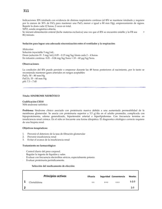 311
- Indicaciones: RN intubado con evidencia de distress respiratorio continuo (el RN se mantiene intubado y requiere
por lo menos de 30% de FiO2 para mantener una PaO2 menor o igual a 80 mm Hg), empeoramiento de signos.
Repetir la dosis cada 12 horas, 2 veces en total.
- NPO, sonda orogástrica abierta.
- Se iniciará alimentación enteral (leche materna exclusiva) una vez que el RN se encuentre estable y la FR sea >
80/minuto.
Sedación para lograr una adecuada sincronización entre el ventilador y la respiración:
Midazolam
Solución inyectable 5 mg/mL.
Dosis (solución IV. 5 mg/mL) 0.05 – 0.15 mg/kg/dosis cada 2 – 4 horas.
En infusión continua 0.01 – 0.06 mg/kg/hora = 10 – 60 μg/kg/hora.
Observaciones:
La condición del RN puede persistir o empeorar durante las 48 horas posteriores al nacimiento, por lo tanto se
recomienda mantener gases arteriales en rangos aceptables:
PaO2: 50 – 80 mm Hg
PaCO2: 35 – 60 mm Hg
pH: 7.3 – 7.45
Título: SINDROME NEFRÓTICO
Codificación CIE10
N04 síndrome nefrótico
Problema: Síndrome clínico asociado con proteinuria masiva debido a una aumentada permeabilidad de la
membrana glomerular. Se asocia con proteinuria superior a 3.5 g/día en el adulto promedio, complicada con
hipoproteinemia, edema generalizado, hipertensión arterial e hiperlipidemias. Con frecuencia termina en
insuficiencia renal crónica. En el niño es frecuente una forma idiopática. El diagnostico etiológico correcto requiere
de una biopsia renal.
Objetivos terapéuticos:
1. Prevenir el deterioro de la tasa de filtración glomerular
2. Prevenir insuficiencia renal
3. Evitar el avance de la insuficiencia renal
Tratamiento no farmacológico:
- Control diario del peso corporal.
- Regular la ingesta de líquidos y sales.
- Evaluar con frecuencia electrolitos séricos, especialmente potasio.
- Evaluar proteinuria periódicamente.
Selección del medicamento de elección:
Principios activos Eficacia Seguridad Conveniencia Niveles
1 Clortalidona ++ +++ +++ 1-2-3
2 2-3
 