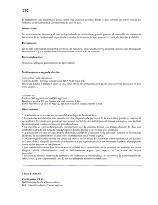 320
El tratamiento con antibióticos puede tener una duración variable. Hasta 3 días después de haber cesado los
síntomas de la enfermedad. Generalmente 15 días en total.
Instrucciones:
La administración crónica y el uso indiscriminado de antibióticos, puede generar el desarrollo de resistencia
bacteriana. Es de fundamental importancia controlar los síntomas de tipo general, en particular la fiebre y el dolor.
Precauciones:
No se debe administrar a pacientes alérgicos a la penicilina. Tener cuidado en la lactancia cuando exista el riesgo de
sensibilización por la secreción de trazas de amoxicilina en la leche materna.
Efectos indeseables:
Reacciones alérgicas, generalmente de tipo cutáneo.
Medicamentos de segunda elección:
Amoxicilina + ácido clavulánico
Tabletas de 500 + 125 mg, solución oral 125 + 31.25 mg/5 mL.
Posología adultos 1 tableta 3 veces al día, niños 40 mg de amoxicilina por kg de peso corporal, divididos en tres
dosis diarios.
Azitromicina
Tabletas 500 mg, solución oral 500 mg/5 mL.
Posología adultos 500 mg diarios, vía oral, durante 3 días.
Niños mayores de 28 días 10 mg/kg/día, una sola dosis diaria, durante 3 días.
Observaciones:
* La azitromicina es una opción recomendable en lugar de la amoxicilina.
* En pacientes ambulatorios con sinusitis maxilar diagnosticada por rayos X, la amoxicilina puede no mejorar el
curso clínico. Eventualmente puede ser necesario el empleo de otro antibiótico o el drenaje quirúrgico, para facilitar
la eliminación de residuos celulares y granulomatosos.
* La mayoría de otorrinolaringólogos recomiendan que la sinusitis frontal sea tratada durante 10 días con
antibióticos, debido a la delgada pared posterior del seno frontal y su cercanía a las meninges.
* La inhalación de vapor de agua mejora el drenaje, facilitando la curación de la infección. También se recomienda
el empleo de vasoconstrictores locales como oximetazolina nasal espray o gotas.
* Los descongestionantes nasales son de escasa utilidad en los niños. En adultos se deben emplear por un máximo
de 3 días, debido al rápido desarrollo de tolerancia y a que se puede producir un fenómeno de rebote, el cual puede
tomar varias semanas en desaparecer.
* Los antihistamínicos no han demostrado su utilidad en el tratamiento de la sinusitis, sin embargo en rinitis
alérgica añadir difenhidramina oral o beclometasona tópica por espray, en los casos de mayor
severidad.
* En casos de sinusitis complicada (presencia de exoftalmos u oftalmoplejía), se recomienda la administración de
ceftriaxona 2 g por vía parenteral cada 12 horas y referencia a centro especializado.
Título: TENIASIS
Codificación CIE 10
B68.0 teniasis debida a Taenia solium
B68.1 infección debida a Taenia saginata
 