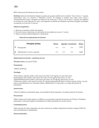 321
B69.0 cisticercosis del sistema nervioso central
Problema: Infección del intestino delgado causadas por gusanos adultos de los cestodos: Taenia solium y T. saginata,
Hymenolepsis nana y H. diminuta y Dipylidium caninum. El contagio se produce por comer carne cruda o
insuficientemente cocida e infectada con cisticercos de cerdo para T. solium y de res para T. saginata, por ingestión
de sus huevos y auto infección (H. nana), o por ingestión accidental de artrópodos coprosóicos (pulgas, escarabajos,
cucarachas), en el caso de H. diminuta.
Objetivos terapéuticos:
1. Eliminar los parásitos adultos del intestino
2. Prevenir la neuro cisticercosis o la afectación de otros tejidos (en caso de T. solium)
3. Educar en buenos hábitos higiénicos y alimenticios
Selección de medicamentos de elección:
Principios activos Eficacia Seguridad Conveniencia Niveles
1 Praziquantel +++ +++ +++ 1-2-3
2 Albendazole (T. solium y saginata) +++ +++ +++ 1-2-3
Medicamento de elección - condiciones de uso:
Principio activo: praziquantel (PZQ).
Presentación:
Tabletas de 600 mg.
Posología:
Tenia solium y saginata, adulto y niño mayor de 4 años 5 a 10 mg/kg, vía oral, dosis única.
Hymenolepsis nana, adulto y niño mayor de 4 años, 15 a 25 mg/kg, dosis única, vía oral.
Diphyllobothrium latum adulto y niño mayor de 4 años, 10 a 25 mg/kg, dosis única, vía oral.
Cisticercosis, adulto y niño mayor de 4 años, 50 mg/kg, diariamente dividida en 3 dosis, durante 14 días, vía oral,
junto con prednisolona (o un corticoide similar), administrado 2 a 3 días antes y a lo largo del período de
tratamiento.
Instrucciones:
Tomar las tabletas con abundante agua, sin necesidad de dietas especiales o el empleo posterior de laxantes.
Precauciones:
PZQ se elimina por la leche materna, la OMS ya no recomienda suspender la lactancia por 72 horas. Cimetidina,
ketoconazol y miconazol inhiben el metabolismo de PZQ aumentando sus niveles séricos.
Contraindicaciones:
Niños menores de 2 años, diagnóstico de neuro cisticercosis, diabetes, hipertensión arterial y alergia al PZQ. No
está contraindicado en embarazadas.
Efectos indeseables:
 