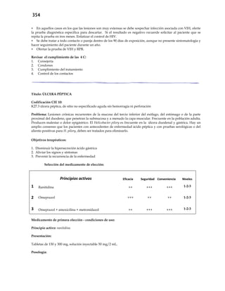 354
 En aquellos casos en los que las lesiones son muy extensas se debe sospechar infección asociada con VIH, oferte
la prueba diagnóstica específica para descartar. Si el resultado es negativo recuerde solicitar al paciente que se
repita la prueba en tres meses. Enfatizar el control de HIV.
 Se debe tratar a todo contacto o pareja dentro de los 90 días de exposición, aunque no presente sintomatología y
hacer seguimiento del paciente durante un año.
 Ofertar la prueba de VIH y RPR.
Revisar el cumplimiento de las 4 C:
1. Consejería
2. Condones
3. Cumplimiento del tratamiento
4. Control de los contactos
Título: ÚLCERA PÉPTICA
Codificación CIE 10:
K27.3 úlcera péptica, de sitio no especificado aguda sin hemorragia ni perforación
Problema: Lesiones crónicas recurrentes de la mucosa del tercio inferior del esófago, del estómago o de la parte
proximal del duodeno, que penetran la submucosa y a menudo la capa muscular. Frecuente en la población adulta.
Producen malestar o dolor epigástrico. El Helicobacter pilory es frecuente en la úlcera duodenal y gástrica. Hay un
amplio consenso que los pacientes con antecedentes de enfermedad ácido péptica y con pruebas serológicas o del
aliento positivas para H. pilory, deben ser tratados para eliminarlo.
Objetivos terapéuticos:
1. Disminuir la hipersecreción ácido gástrica
2. Aliviar los signos y síntomas
3. Prevenir la recurrencia de la enfermedad
Selección del medicamento de elección:
Principios activos Eficacia Seguridad Conveniencia Niveles
1 Ranitidina ++ +++ +++ 1-2-3
2 Omeprazol +++ ++ ++ 1-2-3
3 Omeprazol + amoxicilina + metronidazol ++ +++ +++ 1-2-3
Medicamento de primera elección - condiciones de uso:
Principio activo: ranitidina
Presentación:
Tabletas de 150 y 300 mg, solución inyectable 50 mg/2 mL.
Posología:
 