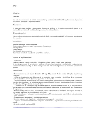 357
500 mg IM.
Duración:
Una sola dosis en los casos de uretritis purulenta. Luego administrar doxiciclina 100 mg dos veces al día, durante
una semana; incluyendo a la pareja o contacto.
Precauciones:
Es importante tratar también a los contactos. En caso de recidivas en el adulto, se recomienda insistir en la
necesidad de un examen de sensibilidad del gonococo a los antimicrobianos.
Efectos indeseables:
Diarrea, náusea, vómito, dolor abdominal, anafilaxia. En la posología aconsejada la ceftriaxona es generalmente
bien tolerada.
Instrucciones:
Mantener abundante ingesta de líquidos.
Abstinencia de relaciones sexuales mientras dura el tratamiento.
Orinar post-coito.
Higiene sexual.
Uso adecuado de preservativos.
Racionalizar la conducta sexual, en lo que a hábitos se refiere.
Esquema de segunda elección:
Ciprofloxacina
Tabletas de 500 mg, vía oral, dosis única + doxiciclina 100 mg, vía oral, cada 12 horas, por 7 días.
En caso de persistencia de la secreción o recidiva; si ha cumplido tratamiento y no ha tenido pareja/s nuevas,
administrar metronidazol 2 g. en dosis única por vía oral, por eventual presencia de tricomonas o Gardenerella
vaginalis.
Observaciones:
* Necesariamente se debe incluir doxiciclina 100 mg, BID, durante 7 días, contra Chlamydia, Mycoplasma y
Ureoplasma.
* No hay evidencias sobre una diferencia de los resultados entre tetraciclina y doxiciclina. No se recomienda
emplear tetraciclinas durante el embarazo y en niños en edad escolar.
* Las quinolonas no se recomiendan de una manera general para el tratamiento de la gonorrea debido a la elevada
prevalencia de resistencia a las quinolonas, a nivel mundial. Cuando se conoce sensibilidad positiva se recomienda
ciprofloxacina 500 mg oralmente en una sola dosis.
* La dosis elevadas de azitromicina (2 g. en una sola dosis) ha mostrado aceptable eficacia en los estudios clínicos,
pero se asocia con elevada intolerancia gastrointestinal. La dosis única de 1 g no se recomienda para el tratamiento
de la gonorrea.
* Azitromicina 1 g oral dosis única se recomienda para el tratamiento de la clamidiasis. Hay alguna evidencia in
vitro sobre el sinergismo de azitromicina con ceftriaxona.
* Durante el embarazo y lactancia se recomienda ceftriaxona 500 mg intramuscular una sola dosis, más azitromicina
1 g oral dosis única.
* Es fundamental el seguimiento y control de los contactos.
* Si no hay mejoría remitir al paciente a unidad operativa de segundo o tercer nivel.
* Las parejas sexuales deben ser tratadas con iguales medicamentos y esquemas aunque no tengan manifestaciones
clínicas.
* No olvide ofertar la prueba de VIH.
 