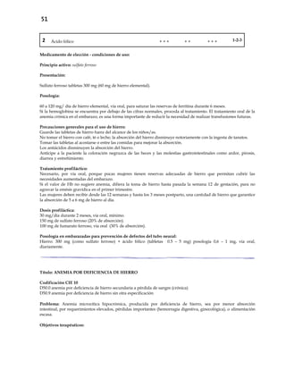 51
2 Ácido fólico + + + + + + + + 1-2-3
Medicamento de elección - condiciones de uso:
Principio activo: sulfato ferroso
Presentación:
Sulfato ferroso tabletas 300 mg (60 mg de hierro elemental).
Posología:
60 a 120 mg/ día de hierro elemental, vía oral, para saturar las reservas de ferritina durante 6 meses.
Si la hemoglobina se encuentra por debajo de las cifras normales, proceda al tratamiento. El tratamiento oral de la
anemia crónica en el embarazo, es una forma importante de reducir la necesidad de realizar transfusiones futuras.
Precauciones generales para el uso de hierro:
Guarde las tabletas de hierro fuera del alcance de los niños/as.
No tomar el hierro con café, té o leche; la absorción del hierro disminuye notoriamente con la ingesta de tanatos.
Tomar las tabletas al acostarse o entre las comidas para mejorar la absorción.
Los antiácidos disminuyen la absorción del hierro.
Anticipe a la paciente la coloración negruzca de las heces y las molestias gastrointestinales como ardor, pirosis,
diarrea y estreñimiento.
Tratamiento profiláctico:
Necesario, por vía oral, porque pocas mujeres tienen reservas adecuadas de hierro que permitan cubrir las
necesidades aumentadas del embarazo.
Si el valor de Hb no sugiere anemia, difiera la toma de hierro hasta pasada la semana 12 de gestación, para no
agravar la emésis gravídica en el primer trimestre.
Las mujeres deben recibir desde las 12 semanas y hasta los 3 meses postparto, una cantidad de hierro que garantice
la absorción de 5 a 6 mg de hierro al día.
Dosis profiláctica:
30 mg/día durante 2 meses, vía oral, mínimo.
150 mg de sulfato ferroso (20% de absorción).
100 mg de fumarato ferroso, vía oral (30% de absorción).
Posología en embarazadas para prevención de defectos del tubo neural:
Hierro: 300 mg (como sulfato ferroso) + ácido fólico (tabletas 0.5 – 5 mg) posología 0,6 – 1 mg, vía oral,
diariamente.
Título: ANEMIA POR DEFICIENCIA DE HIERRO
Codificación CIE 10
D50.0 anemia por deficiencia de hierro secundaria a pérdida de sangre (crónica)
D50.9 anemia por deficiencia de hierro sin otra especificación
Problema: Anemia microcítica hipocrómica, producida por deficiencia de hierro, sea por menor absorción
intestinal, por requerimientos elevados, pérdidas importantes (hemorragia digestiva, ginecológica), o alimentación
escasa.
Objetivos terapéuticos:
 