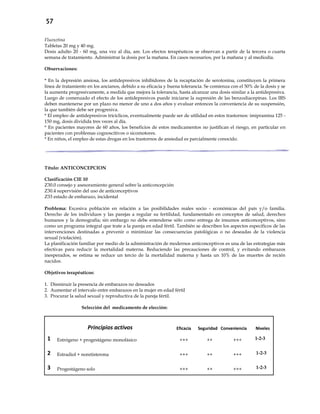57
Fluoxetina
Tabletas 20 mg y 40 mg.
Dosis adulto 20 - 60 mg, una vez al día, am. Los efectos terapéuticos se observan a partir de la tercera o cuarta
semana de tratamiento. Administrar la dosis por la mañana. En casos necesarios, por la mañana y al mediodía.
Observaciones:
* En la depresión ansiosa, los antidepresivos inhibidores de la recaptación de serotonina, constituyen la primera
línea de tratamiento en los ancianos, debido a su eficacia y buena tolerancia. Se comienza con el 50% de la dosis y se
la aumenta progresivamente, a medida que mejora la tolerancia, hasta alcanzar una dosis similar a la antidepresiva.
Luego de comenzado el efecto de los antidepresivos puede iniciarse la supresión de las benzodiacepinas. Los IRS
deben mantenerse por un plazo no menor de uno a dos años y evaluar entonces la conveniencia de su suspensión,
la que también debe ser progresiva.
* El empleo de antidepresivos tricíclicos, eventualmente puede ser de utilidad en estos trastornos: imipramina 125 -
150 mg, dosis dividida tres veces al día.
* En pacientes mayores de 60 años, los beneficios de estos medicamentos no justifican el riesgo, en particular en
pacientes con problemas cognoscitivos o sicomotores.
* En niños, el empleo de estas drogas en los trastornos de ansiedad es parcialmente conocido.
Título: ANTICONCEPCION
Clasificación CIE 10
Z30.0 consejo y asesoramiento general sobre la anticoncepción
Z30.4 supervisión del uso de anticonceptivos
Z33 estado de embarazo, incidental
Problema: Excesiva población en relación a las posibilidades reales socio - económicas del país y/o familia.
Derecho de los individuos y las parejas a regular su fertilidad, fundamentado en conceptos de salud, derechos
humanos y la demografía; sin embargo no debe entenderse sólo como entrega de insumos anticonceptivos, sino
como un programa integral que trate a la pareja en edad fértil. También se describen los aspectos específicos de las
intervenciones destinadas a prevenir o minimizar las consecuencias patológicas o no deseadas de la violencia
sexual (violación).
La planificación familiar por medio de la administración de modernos anticonceptivos es una de las estrategias más
efectivas para reducir la mortalidad materna. Reduciendo las precauciones de control, y evitando embarazos
inesperados, se estima se reduce un tercio de la mortalidad materna y hasta un 10% de las muertes de recién
nacidos.
Objetivos terapéuticos:
1. Disminuir la presencia de embarazos no deseados
2. Aumentar el intervalo entre embarazos en la mujer en edad fértil
3. Procurar la salud sexual y reproductiva de la pareja fértil.
Selección del medicamento de elección:
Principios activos Eficacia Seguridad Conveniencia Niveles
1 Estrógeno + progestágeno monofásico +++ ++ +++ 1-2-3
2 Estradiol + noretisterona +++ ++ +++ 1-2-3
3 Progestágeno solo +++ ++ +++ 1-2-3
 