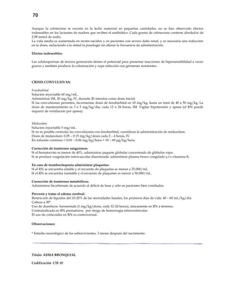 70
Aunque la cefotaxima se excreta en la leche maternal en pequeñas cantidades, no se han observado efectos
indeseables en los lactantes de madres que reciben el antibiótico. Cada gramo de cefotaxima contiene alrededor de
2.09 mmol de sodio.
La vida media es aumentada en recién nacidos y en pacientes con severo daño renal, y es necesaria una reducción
en la dosis, reduciendo a la mitad la posología sin alterar la frecuencia de administración.
Efectos indeseables:
Las cefalosporinas de tercera generación tienen el potencial para presentar reacciones de hipersensibilidad a veces
graves y también producir la colonización y supe infección con gérmenes resistentes.
CRISIS CONVULSIVAS:
Fenobarbital
Solución inyectable 60 mg/mL.
Administrar IM, 20 mg/kg, IV, durante 20 minutos como dosis inicial.
Si las convulsiones persisten, incrementar dosis de fenobarbital en 10 mg/kg, hasta un total de 40 a 50 mg/kg. La
dosis de mantenimiento es 3 a 5 mg/kg/día, cada 12 ó 24 horas, IM. Vigilar hipotensión y apnea (el RN puede
requerir de ventilación por apnea).
Midazolam
Solución inyectable 5 mg/mL.
Si no es posible controlar las convulsiones con fenobarbital, considerar la administración de midazolam.
Dosis de midazolam: 0.05 – 0.15 mg/kg/dosis cada 2 – 4 horas, IV.
En infusión continua < 0.01 – 0.06 mg/kg/hora = 10 – 60 μg/kg/hora.
Corrección de trastornos sanguíneos:
Si el hematocrito es menor de 40%, administrar paquete globular concentrado de glóbulos rojos.
Si se produce coagulación intravascular diseminada: administrar plasma fresco congelado y/o vitamina K.
En caso de trombocitopenia administrar plaquetas:
Si el RN se encuentra estable y el recuento de plaquetas es menor a 25.000/mL.
Si el RN se encuentra inestable y el recuento de plaquetas es menor a 50.000/mL.
Corrección de trastornos metabólicos.
Administrar bicarbonato de acuerdo al déficit de base y sólo en pacientes bien ventilados.
Prevenir y tratar el edema cerebral:
Restricción de líquidos del 10-20% de las necesidades basales, los primeros días de vida: 40 – 60 mL/kg/día.
Cabeza a 30°.
Uso de diuréticos: furosemida (1 mg/kg/dosis, cada 12-24 horas), únicamente en RN a término.
Contraindicada en RN prematuros, por riesgo de hemorragia intraventricular.
El uso de corticoides en RN es controversial.
Observaciones:
* Estudio neurológico de los sobrevivientes, 3 meses después del nacimiento.
Título: ASMA BRONQUIAL
Codificación CIE 10
 